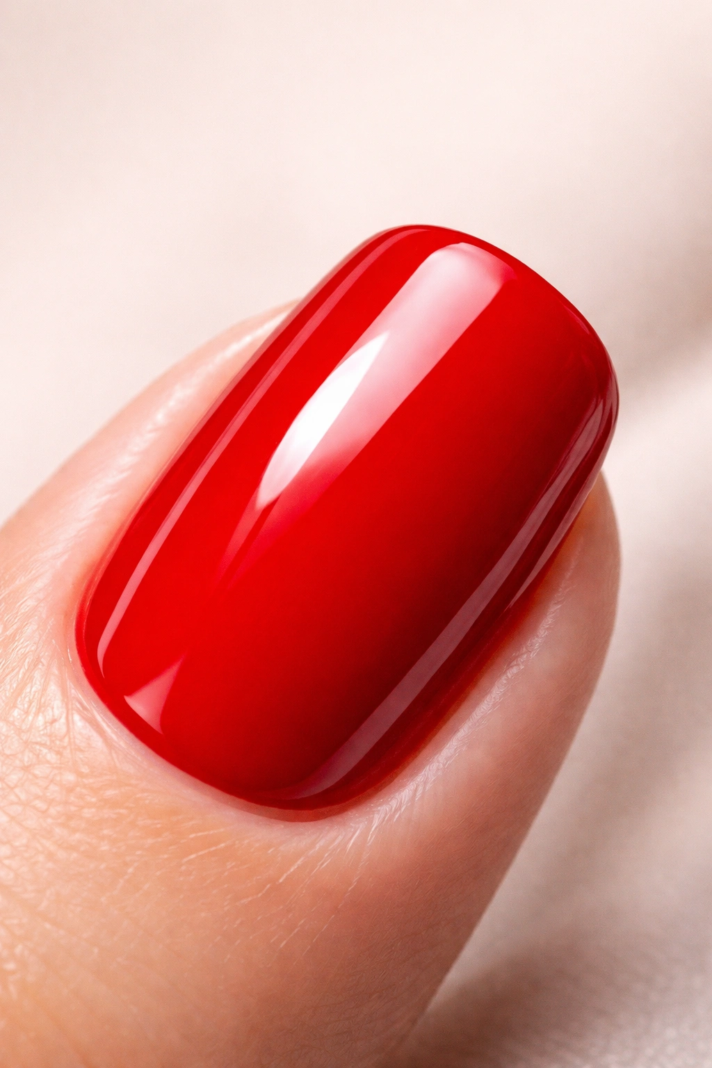 Close-up of a glossy red fingernail on a neutral studio backdrop, showcasing classic red nail design