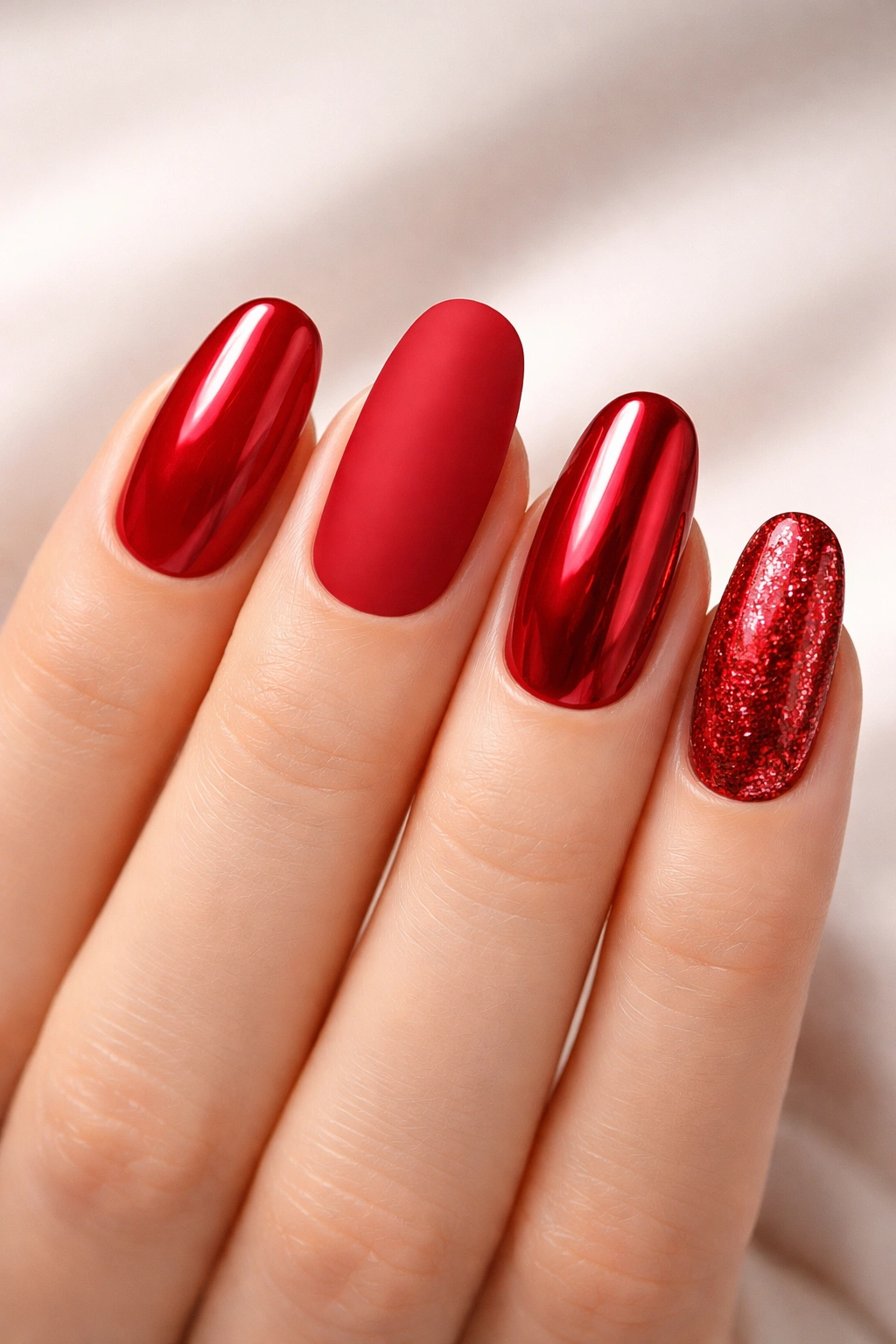 Hand displaying four red nail finishes: glossy, matte, chrome, and glitter