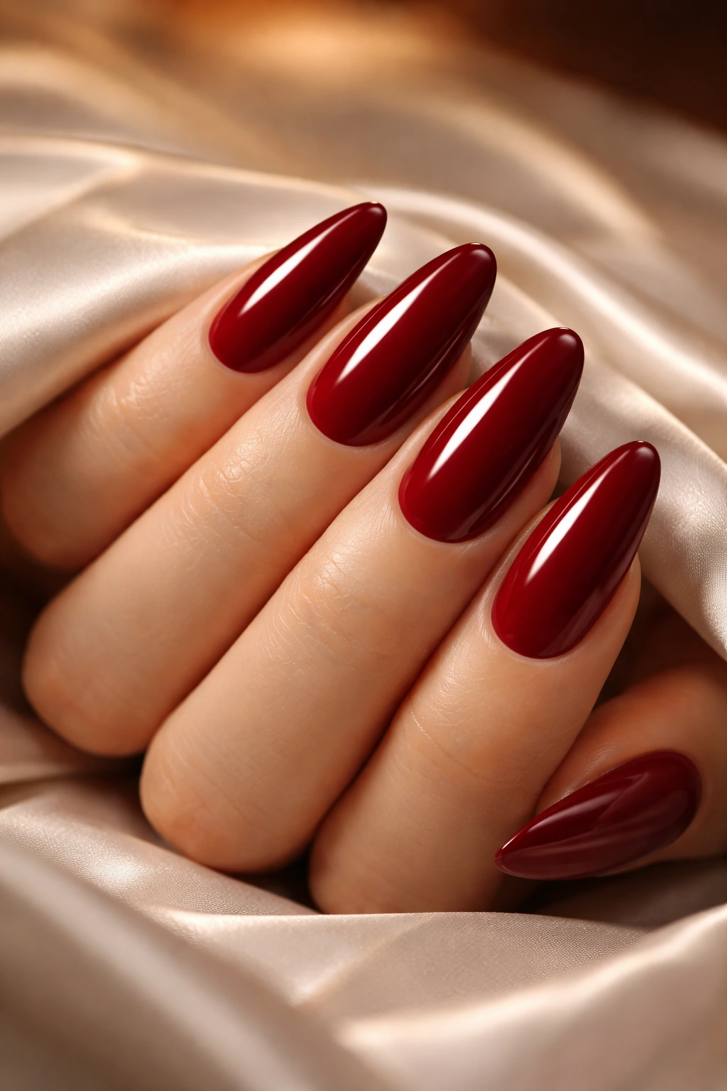Hand with almond-shaped nails painted deep wine red on soft fabric