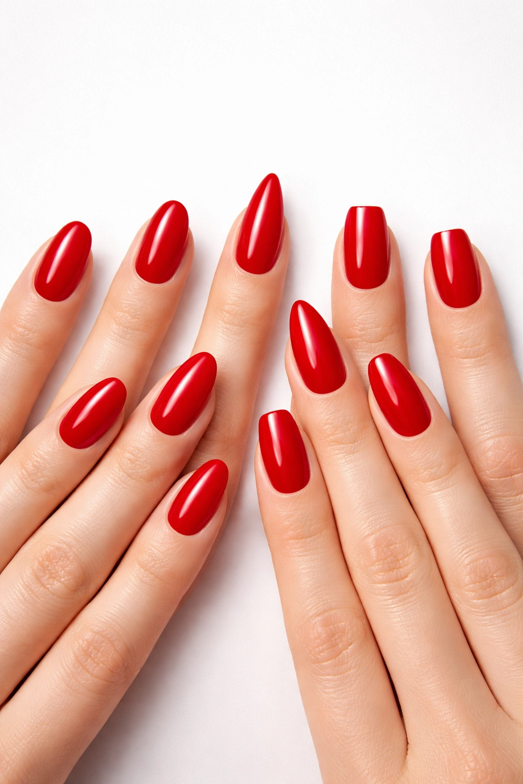 Lineup of hands showing different red nail shapes (oval, almond, stiletto, square, squoval) to match finger type