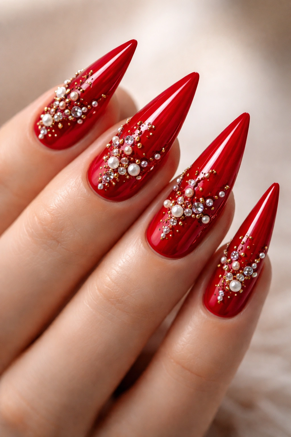 Red stiletto nails with subtle 3D studs and pearls on a light studio background