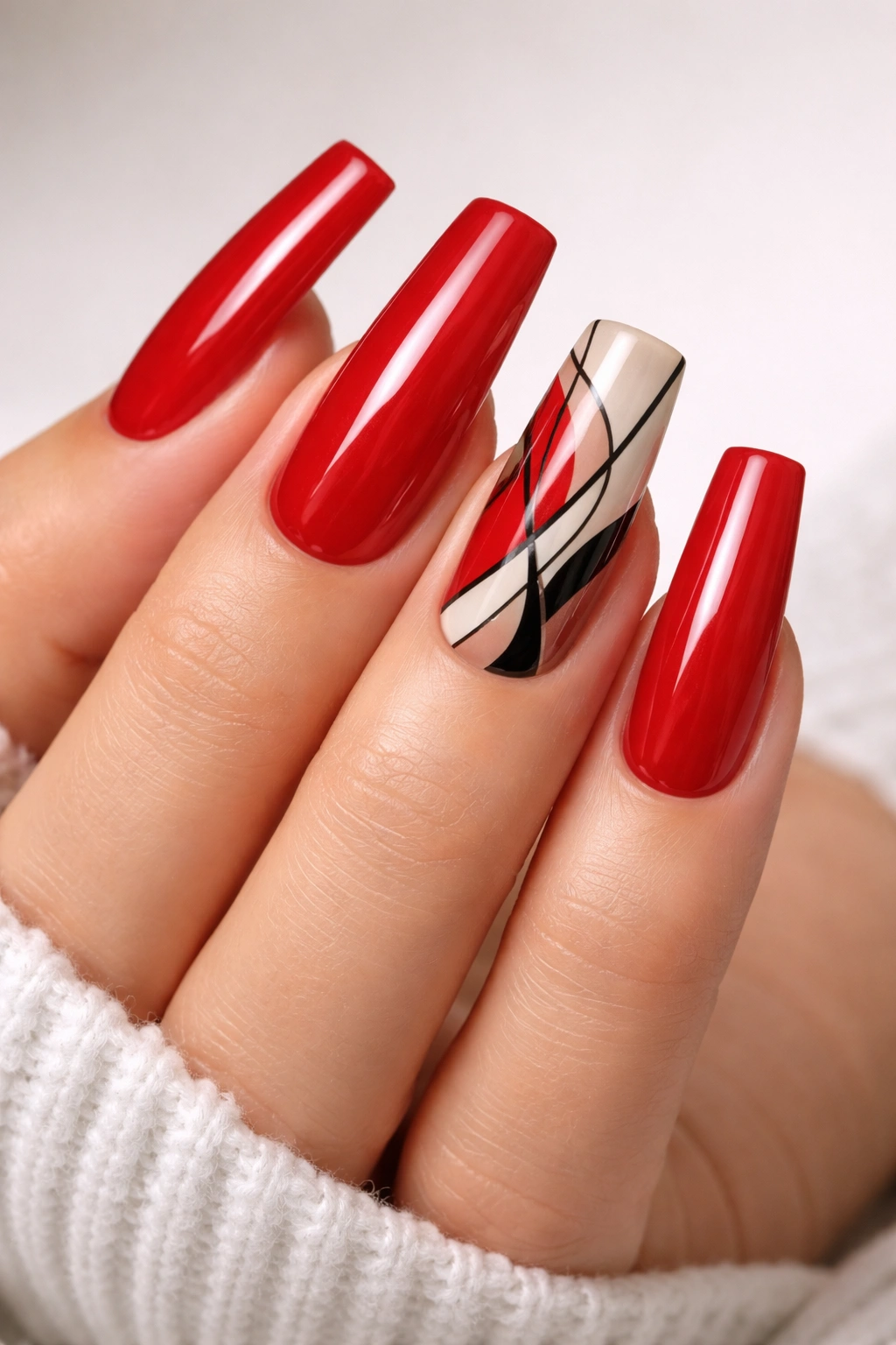 Candy apple red nails with an abstract line accent nail on a long square acrylic manicure.