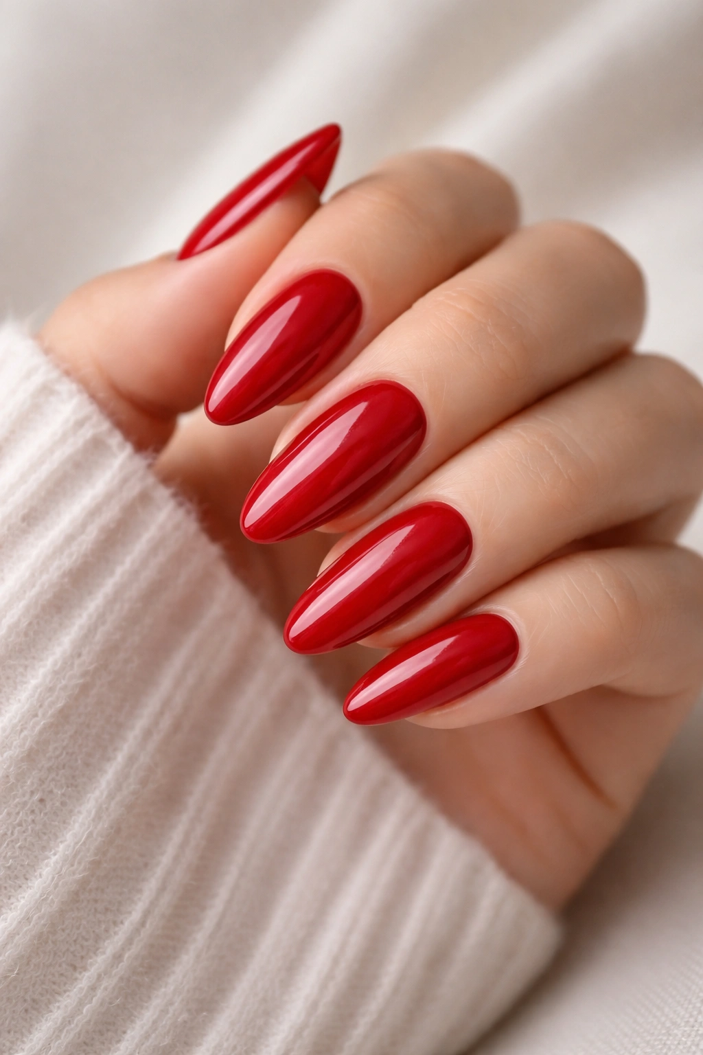 Close-up of glossy cherry-red almond nails in studio lighting