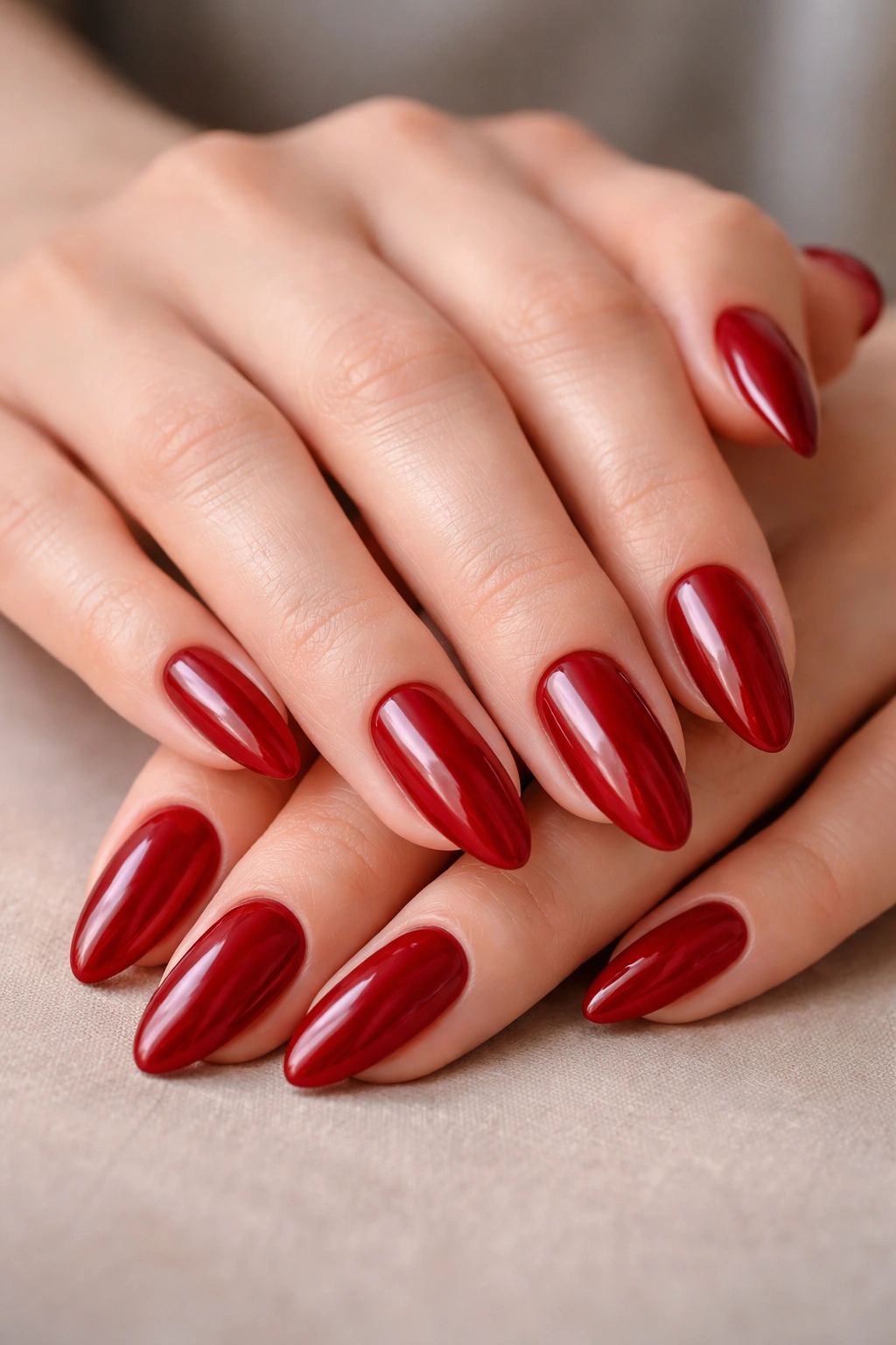 Red almond nails with glossy high-shine finish