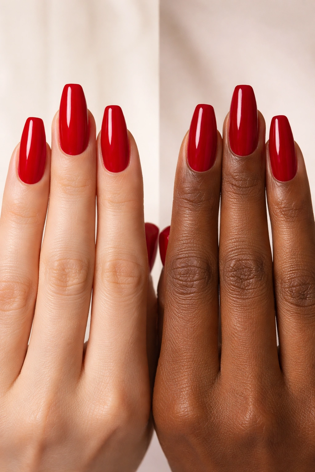 Close-up of two hands with red ballerina nails showing variations in tone and tip width