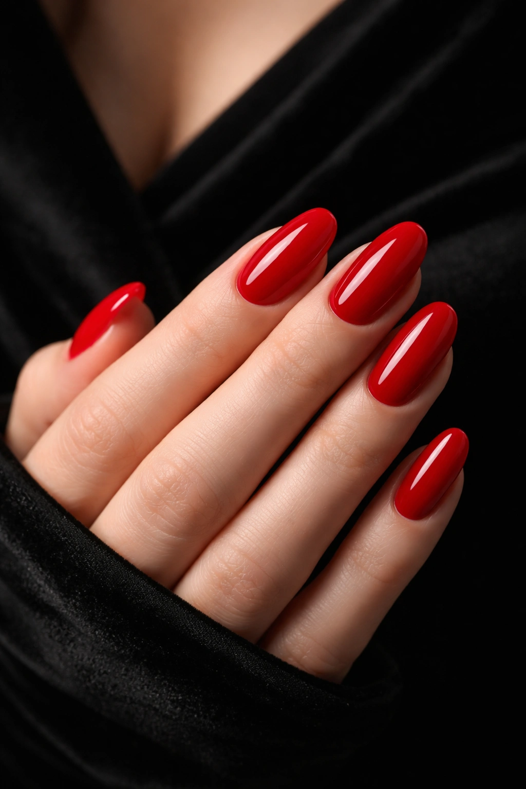 Close-up of glossy red nails on a hand against a dark velvet background.