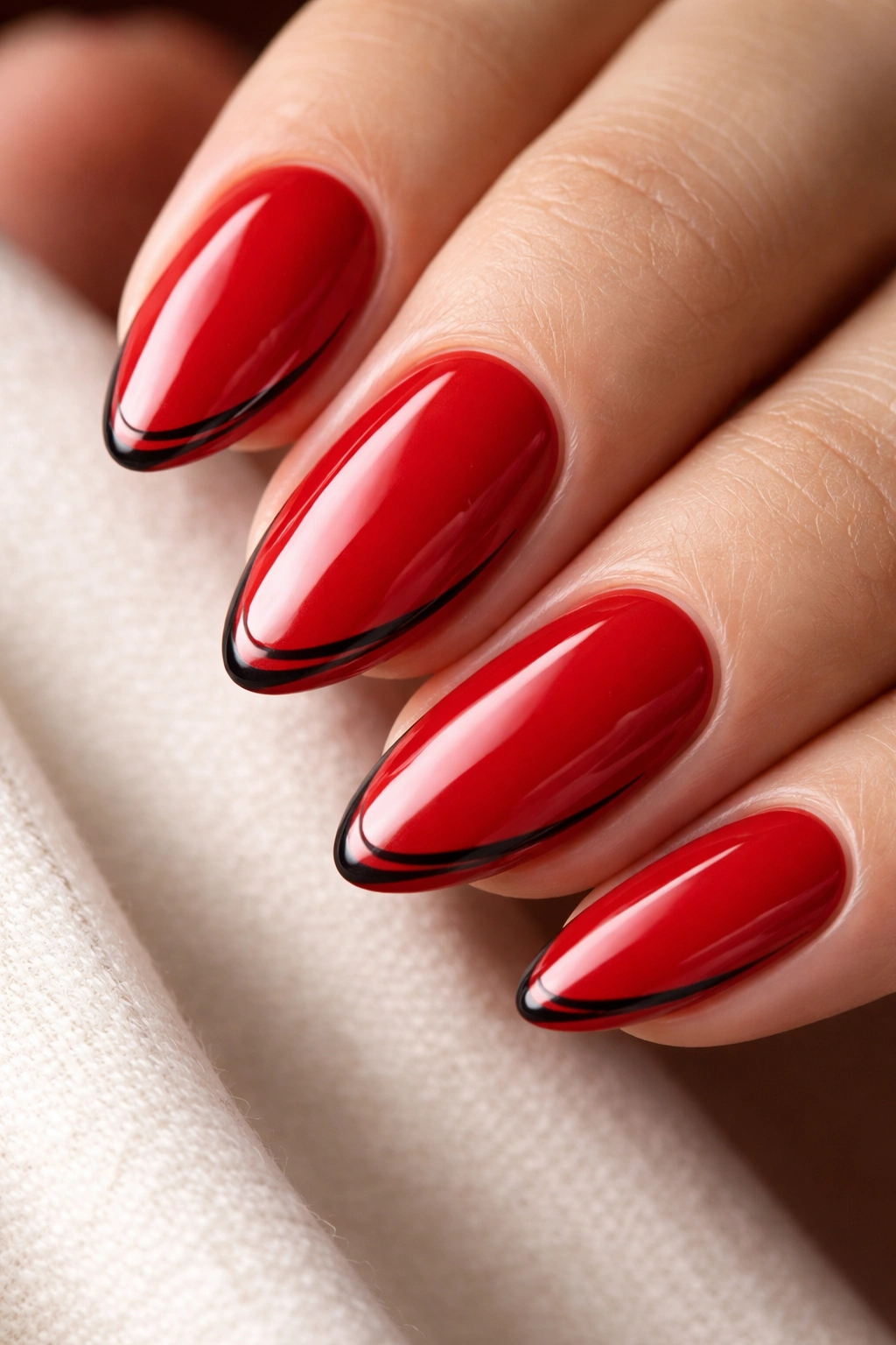 Short almond nails with a single thin black line along the tip