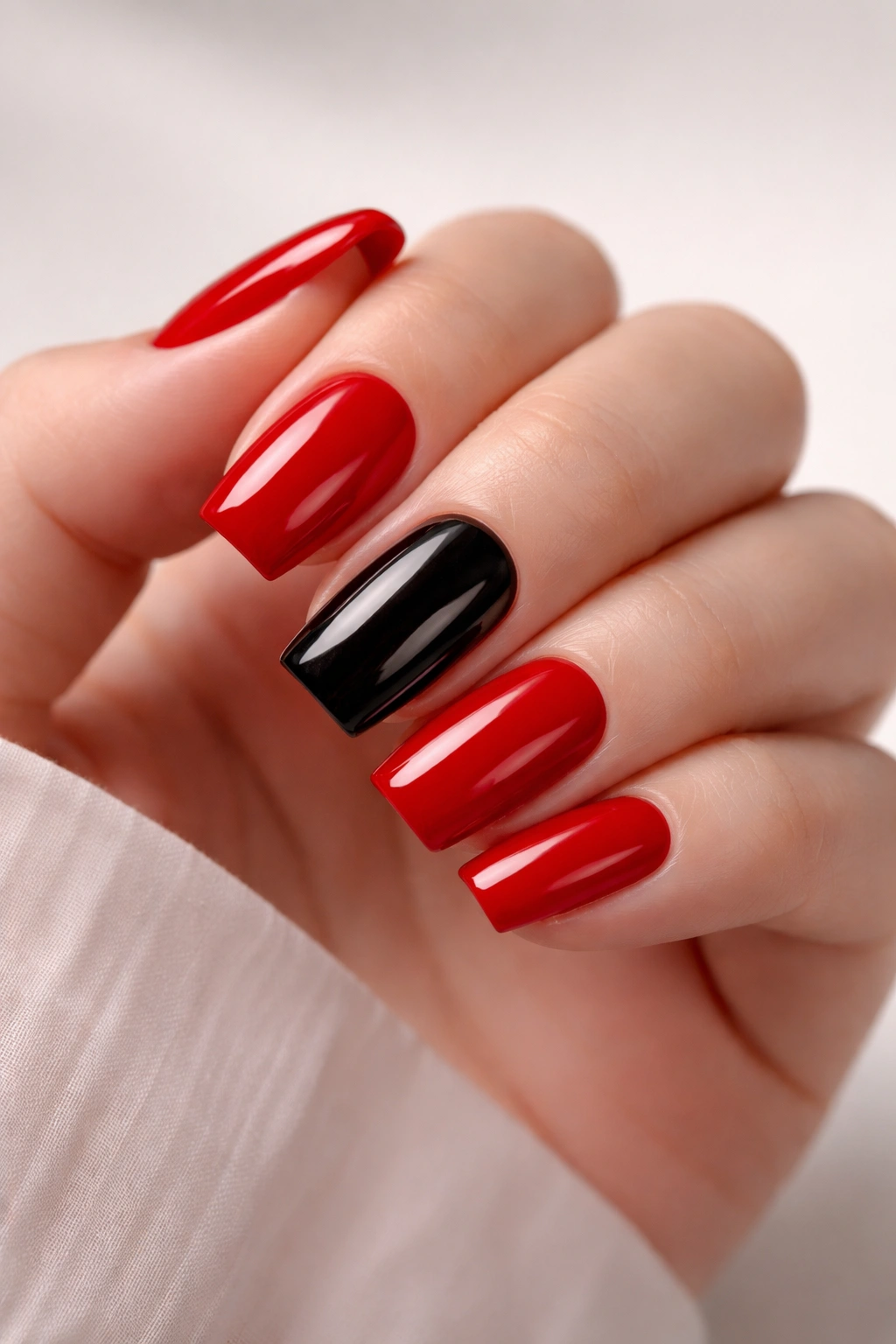 Close-up of red nails with black accent nails on a hand
