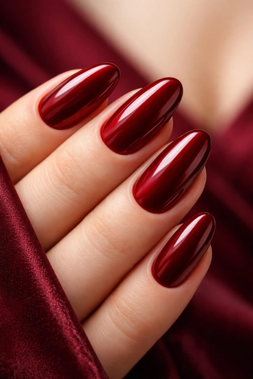 Nails in deep red shade with burgundy-inspired tones