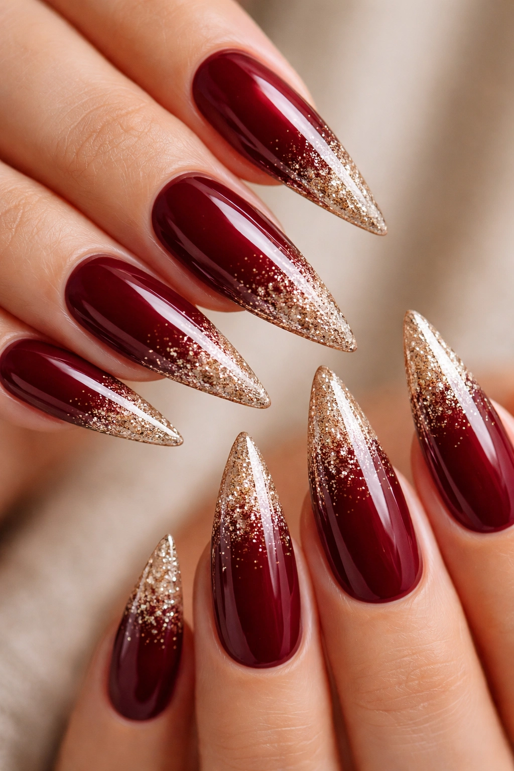 Deep red stiletto nails with champagne glitter tips on the tips