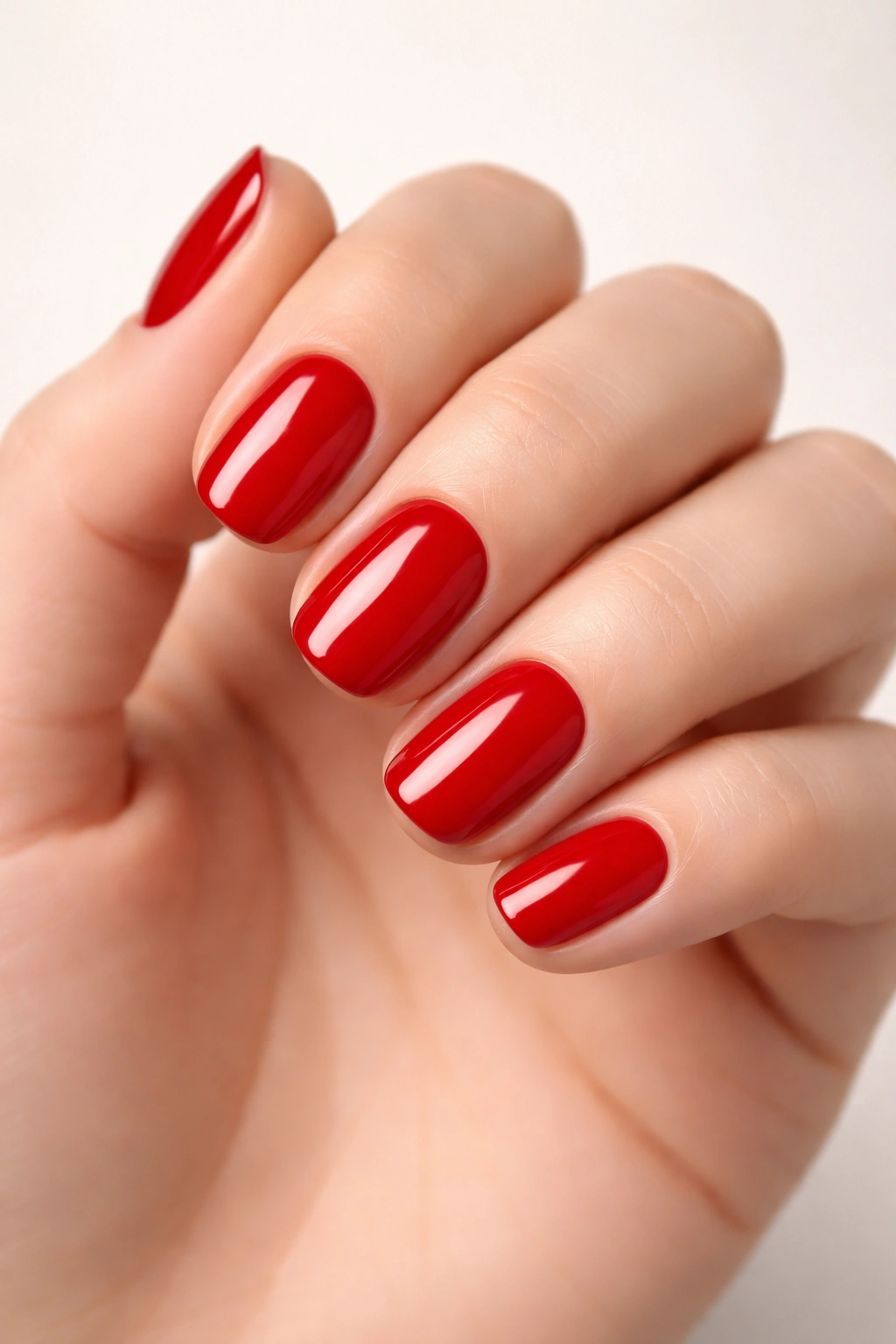 Close-up of red manicure on short squoval nails