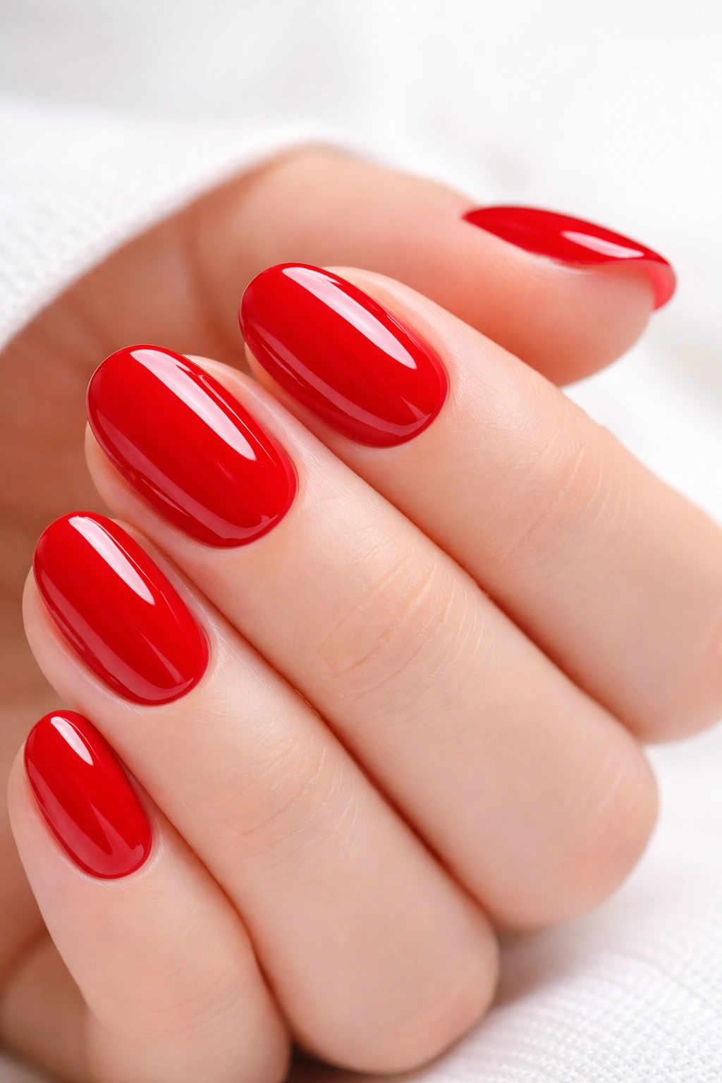 Close-up of short oval nails with clean red polish and neat cuticles
