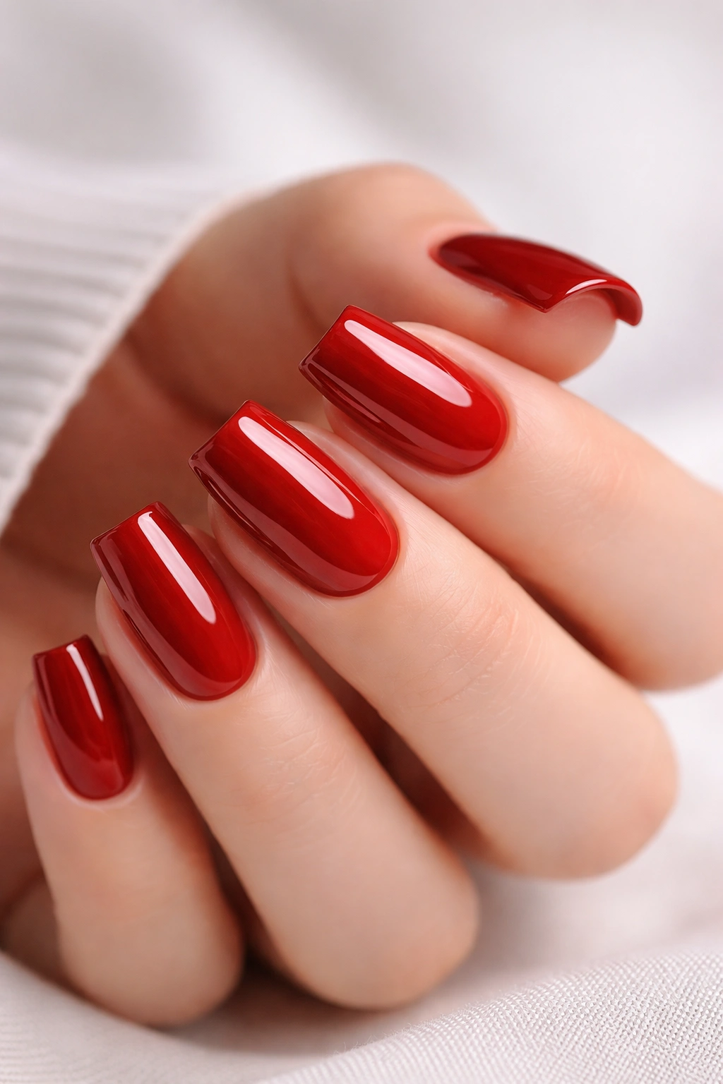 Close-up of short coffin nails with candy apple red high-shine glossy lacquer