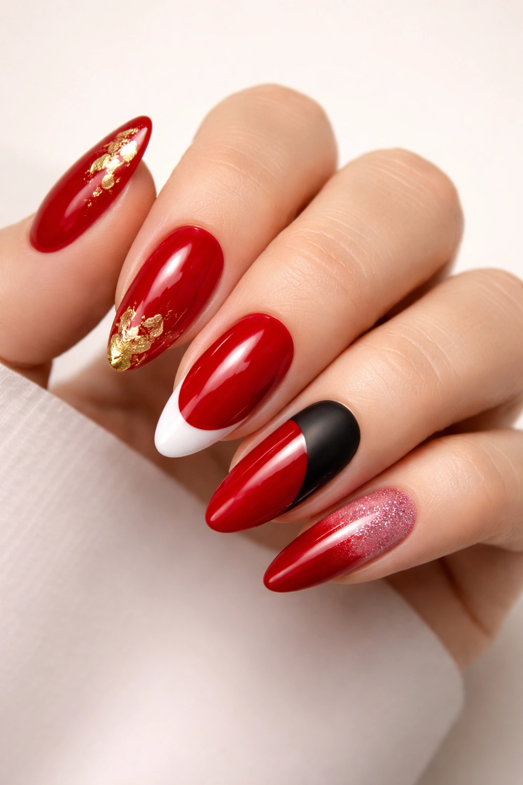 Close-up of nails showing red with gold, white, black, pink, and silver pairings