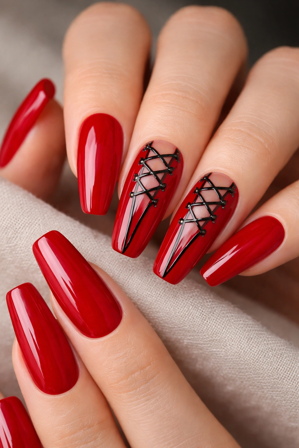 Close-up of red ballerina nails with fine black corset lines