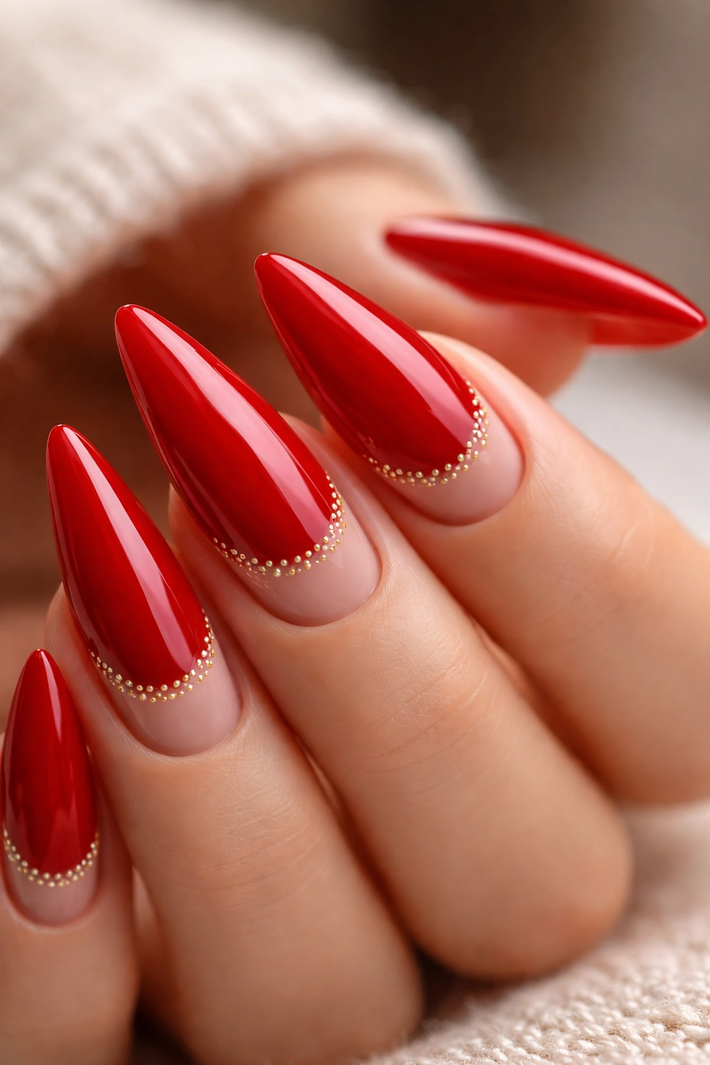 Red stiletto nails with dotted half-moon near cuticle.