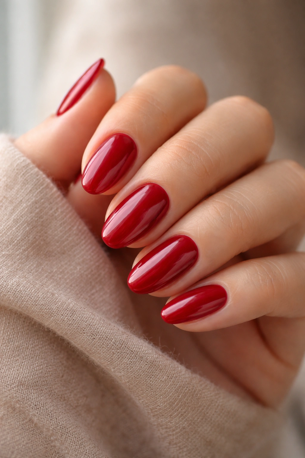 Hand with glossy cherry red almond nails for everyday wear