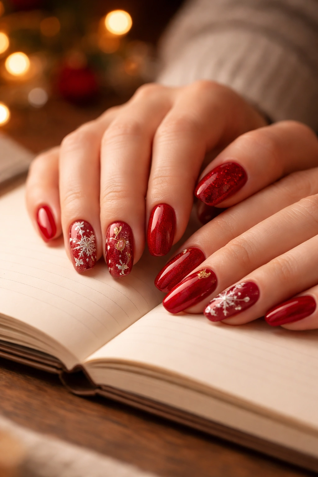 Hands with red nails on blank notebook pages.