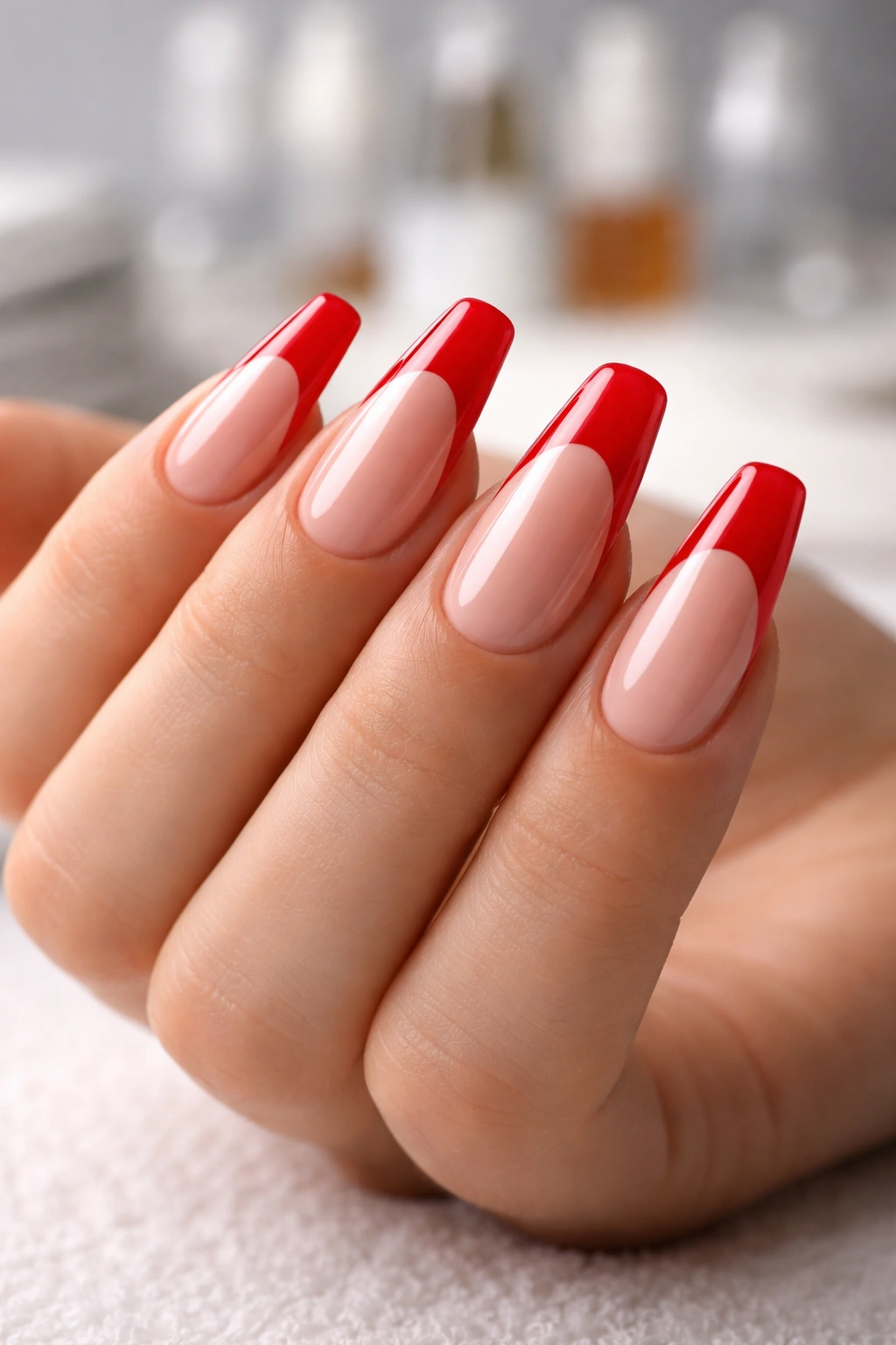 Close-up of red French tip ballerina nails with crisp smile line and glossy finish