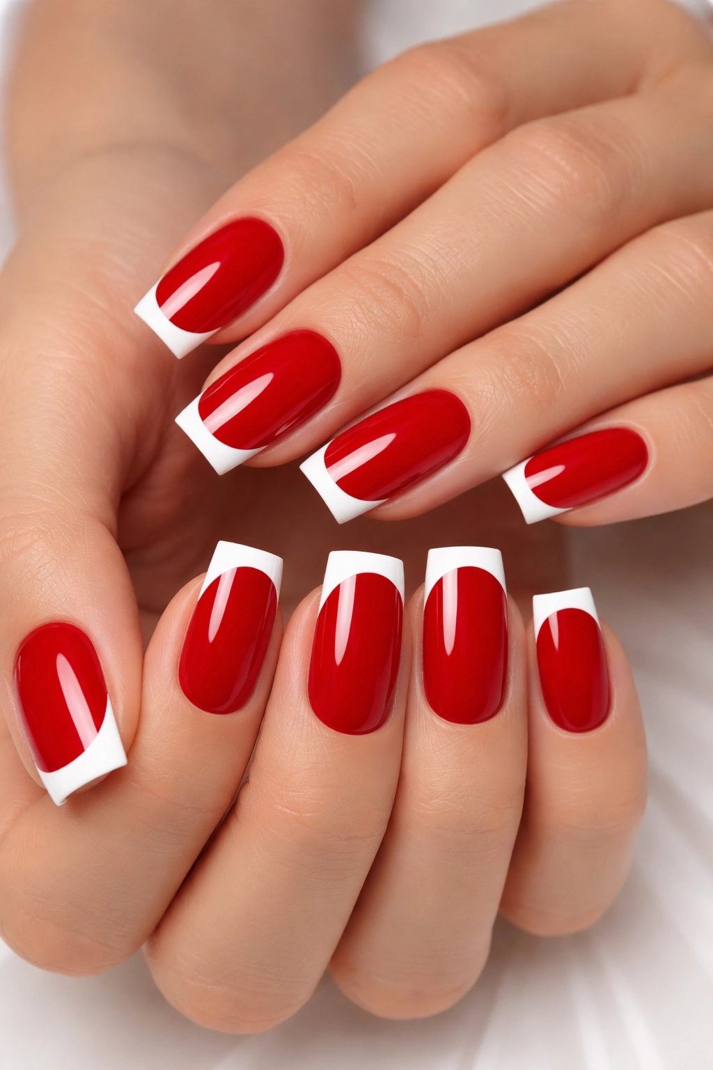 Red nails with crisp white French tips on soft square nails