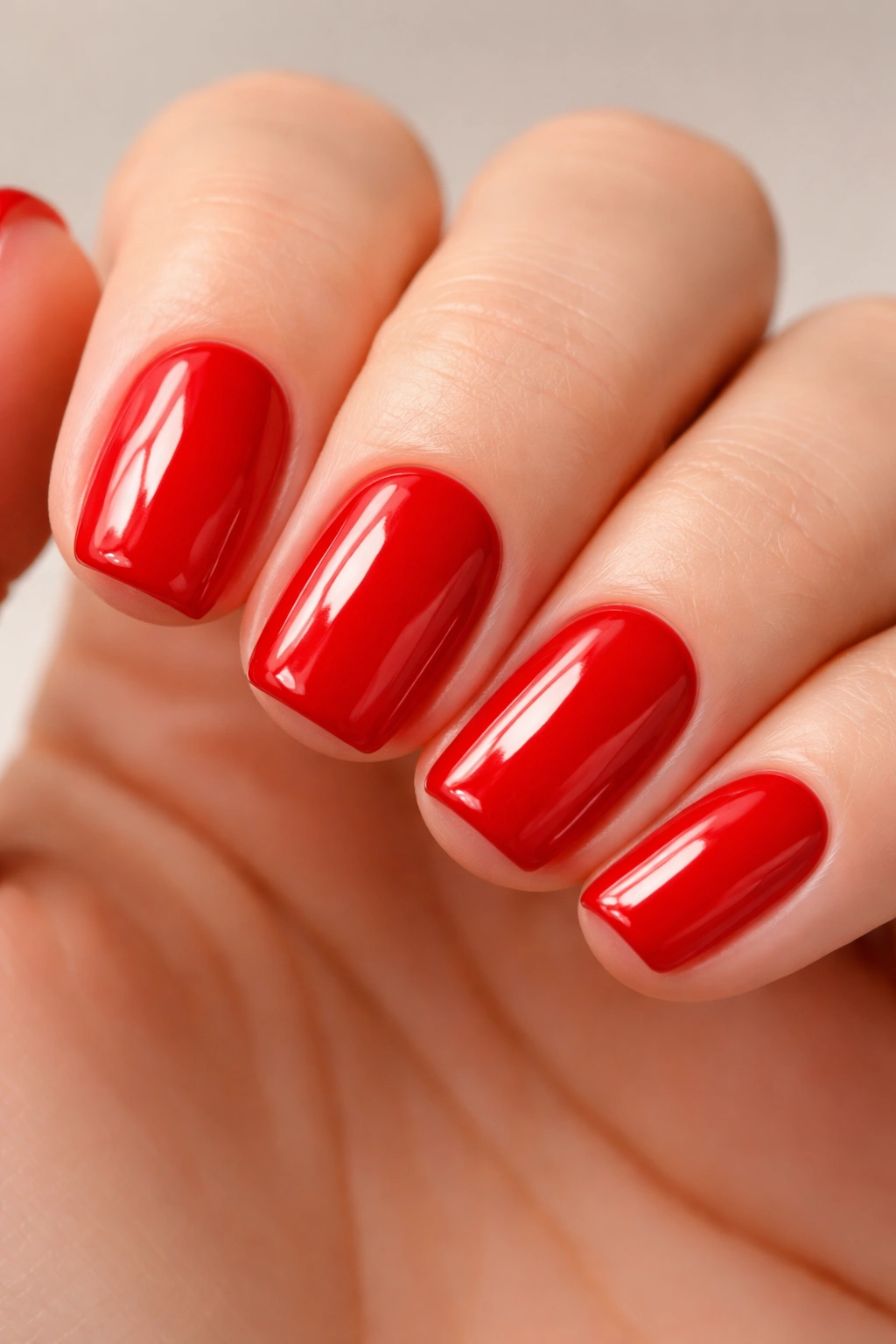 Close-up of red squoval nails with a high-gloss gel shine