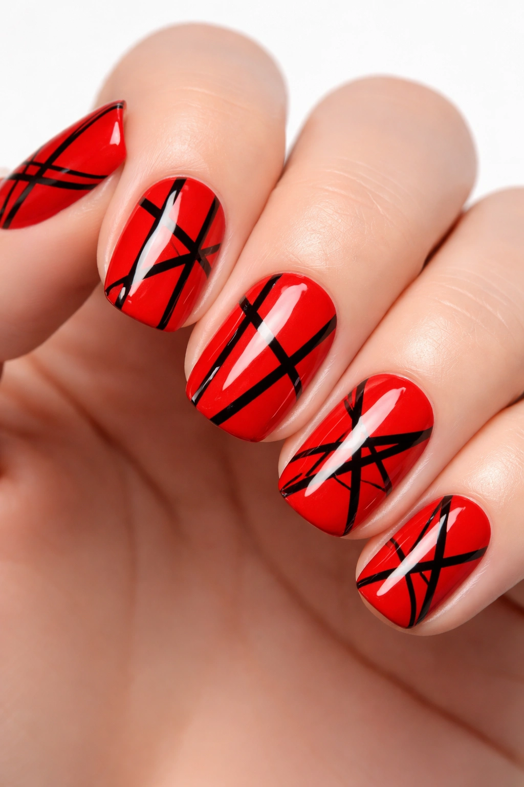 Close-up of red squoval nails with black geometric line art