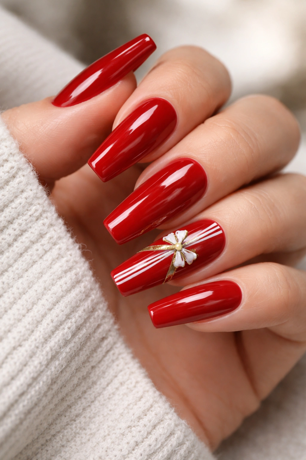 Close-up of red ballerina nails with gift-wrap ribbon lines and small bow