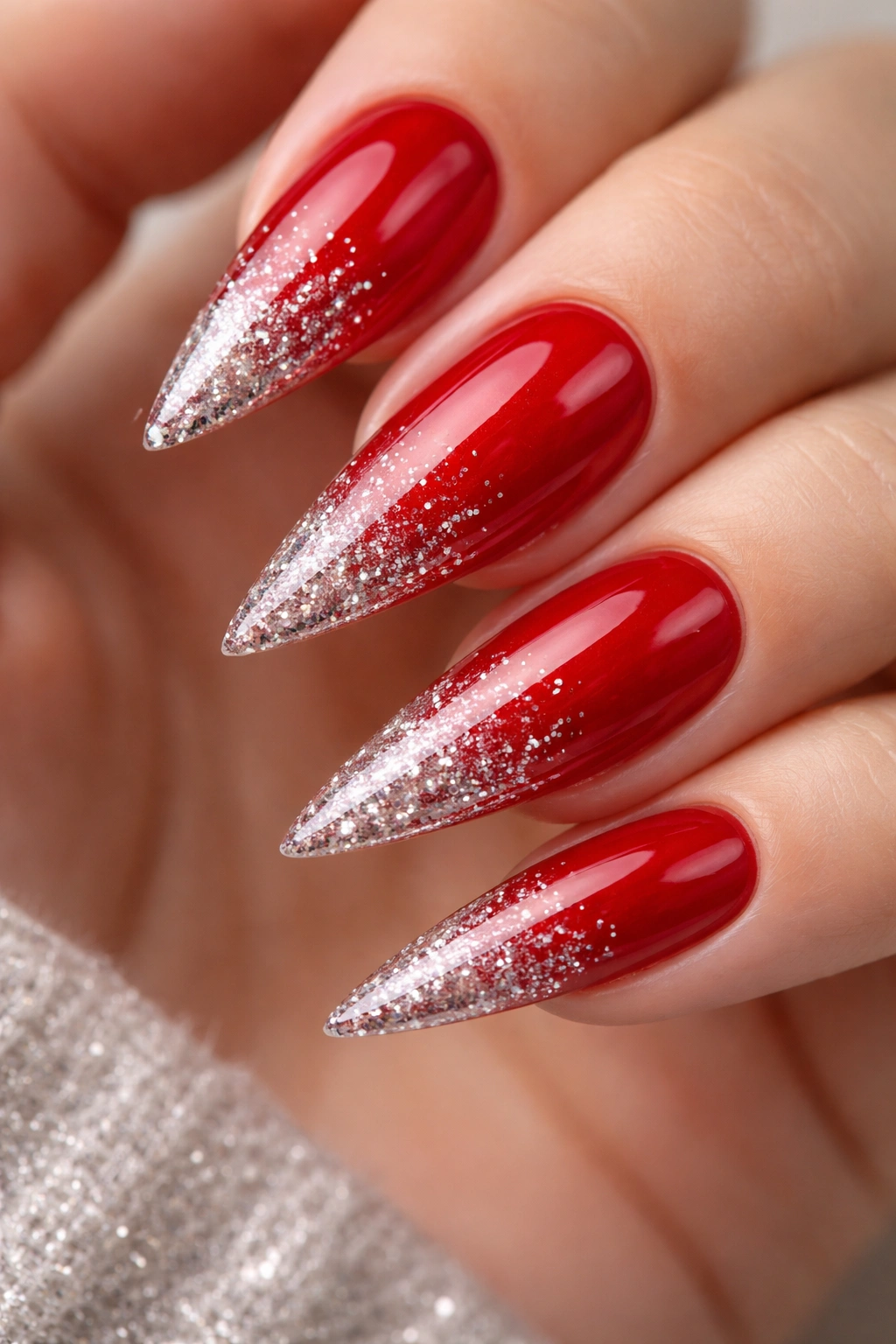 Nail with red base and silver glitter gradient at tip.