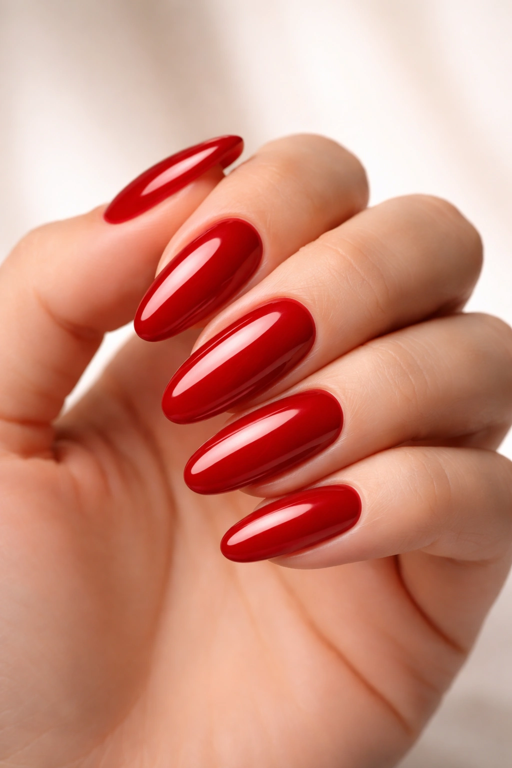 Close-up of red long rounded nails with a timeless glossy finish