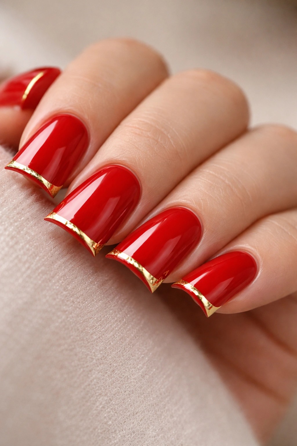 Close-up of short red duck nails with gold accent along flare edge