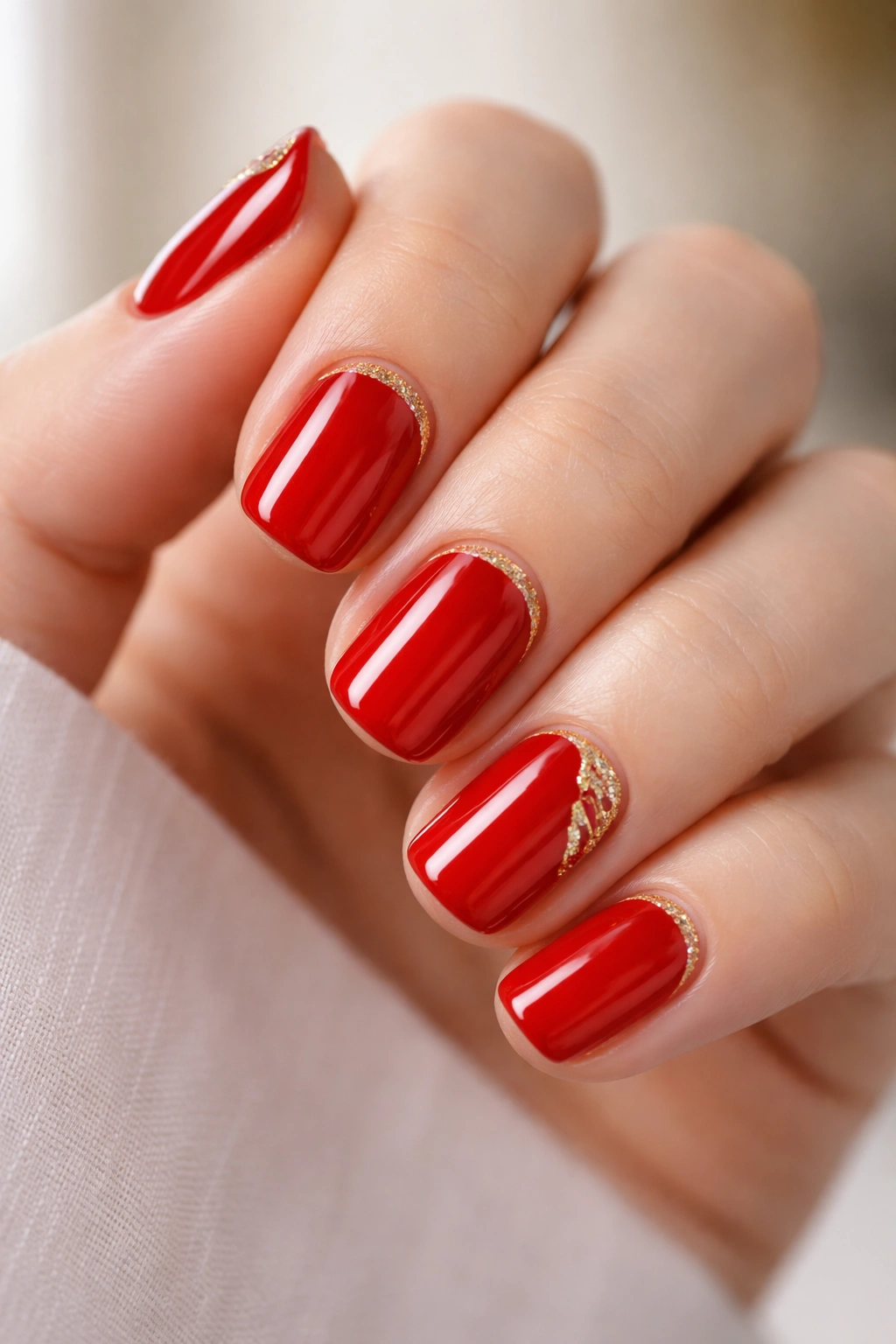 Close-up of red squoval nails with delicate gold accents
