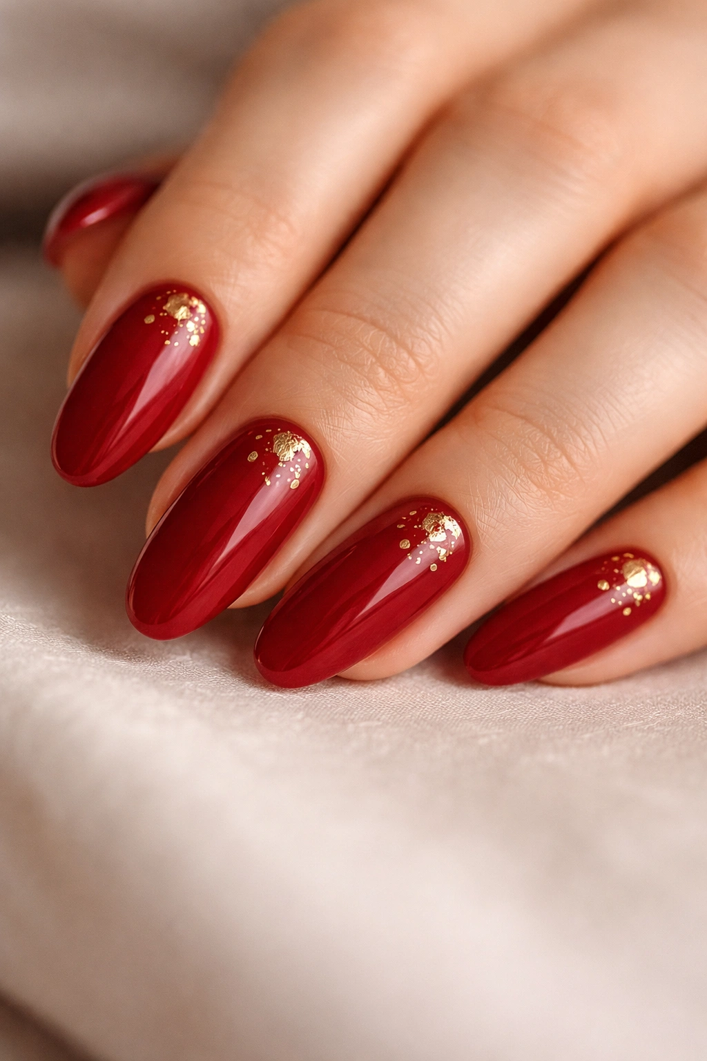 Close-up of red nails with scattered gold foil on long oval nails