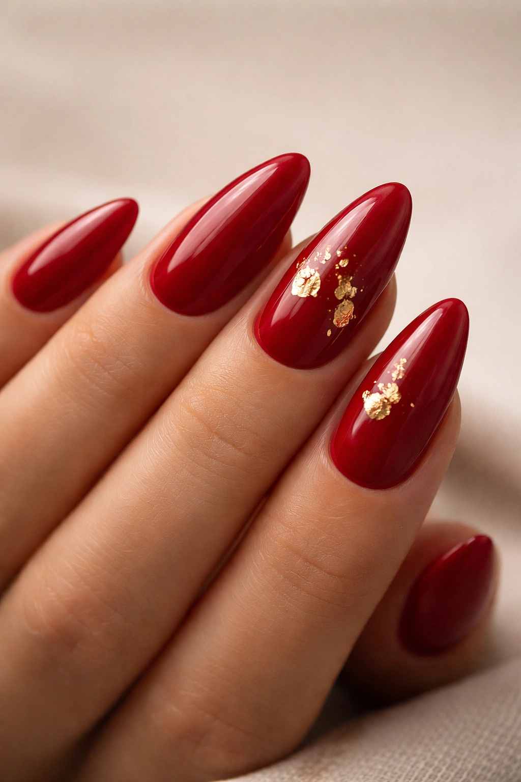 Close-up of red almond nails with subtle gold foil flecks on accent nails