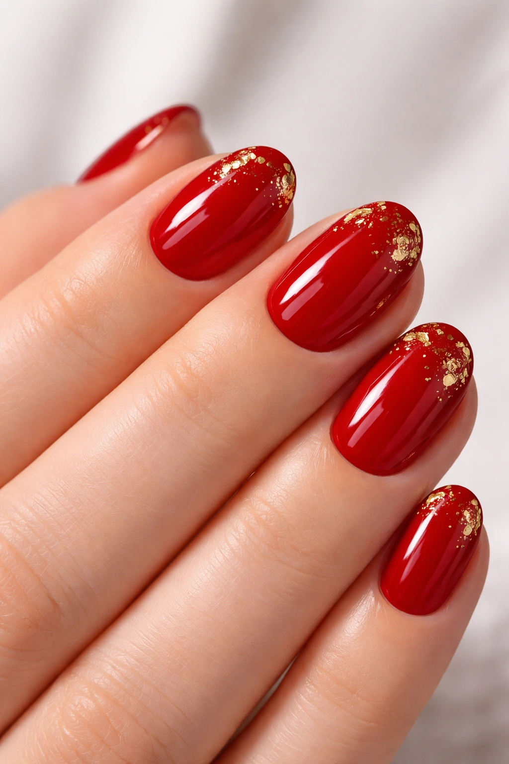 Close-up of candy apple red nails with gold foil on short oval nails