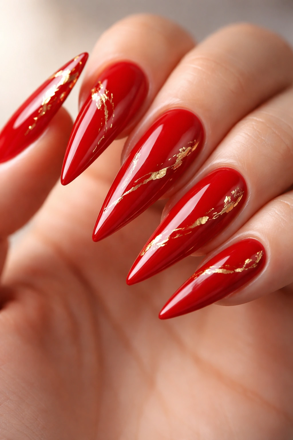 Glossy red stiletto nails with gold foil accents