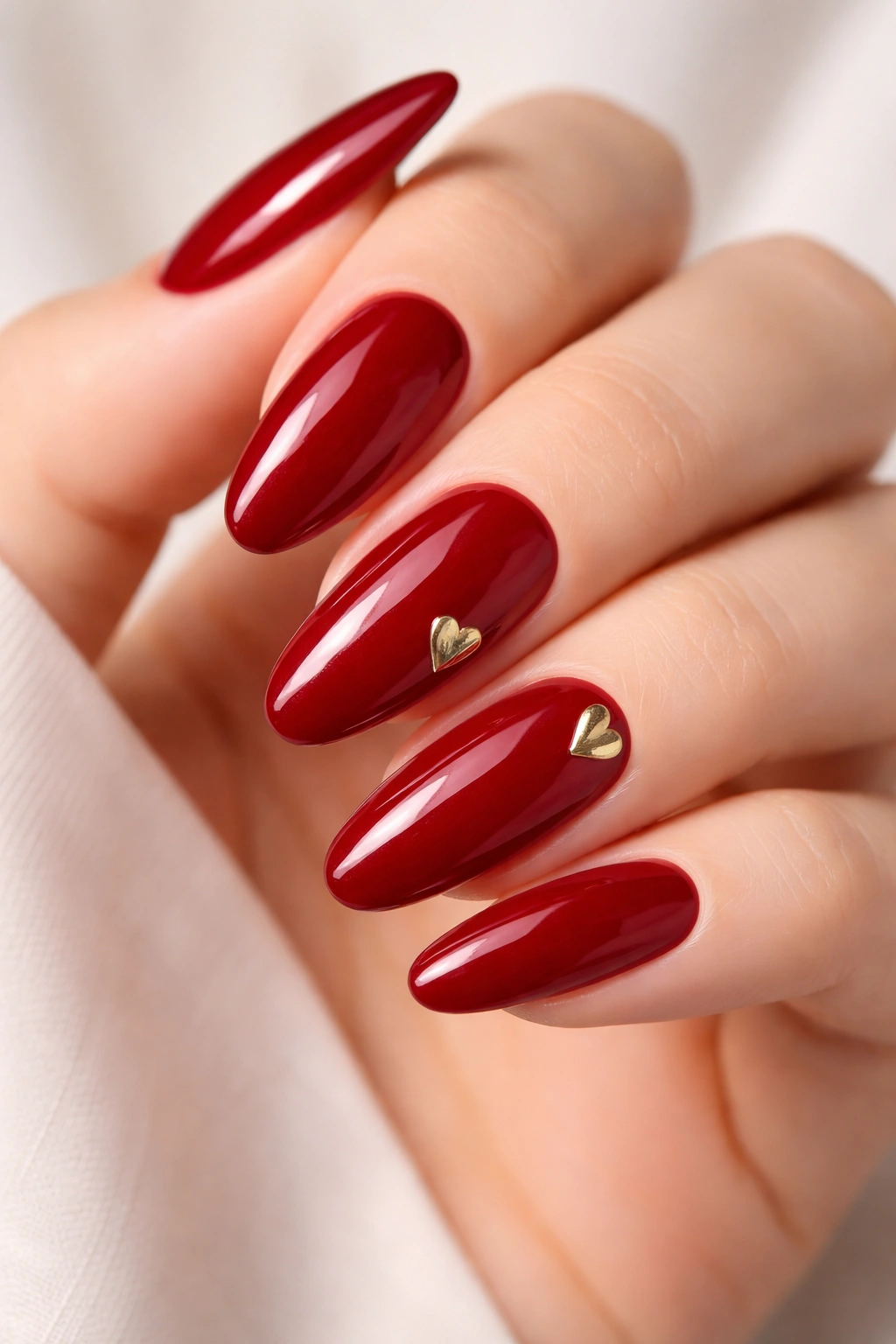 Close-up of long rounded nails in deep red with gold heart accents