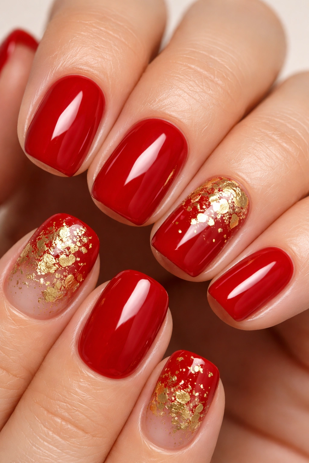 Close-up of red nails with gold leaf accents on a neutral background