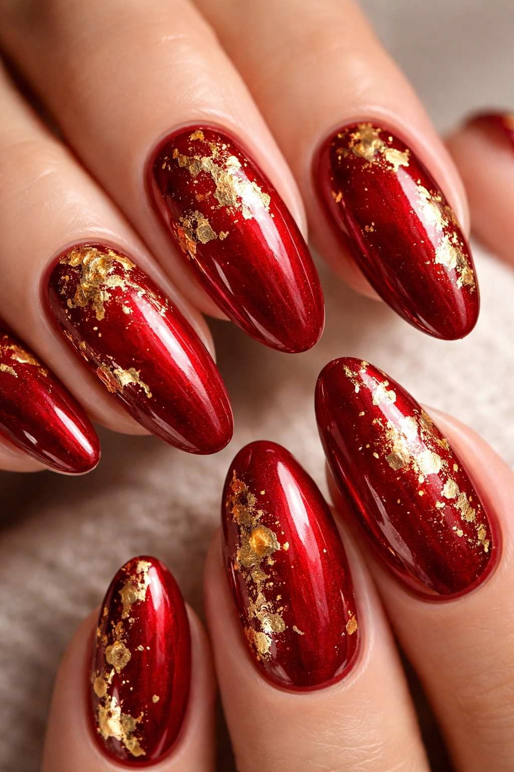 Close-up of long oval nails in deep red with gold leaf accents