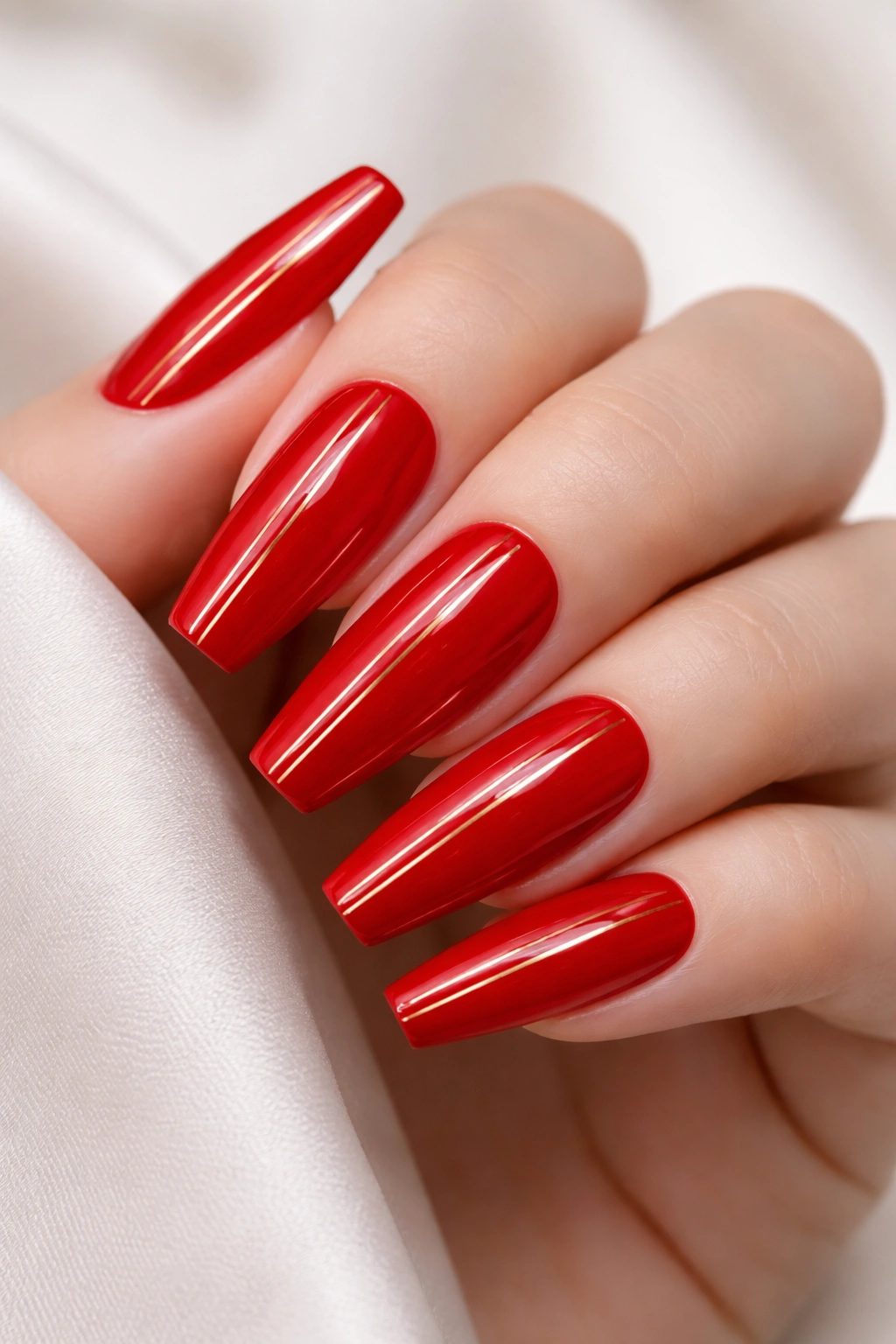 Solid red coffin nails with thin gold stripes on a neutral background.