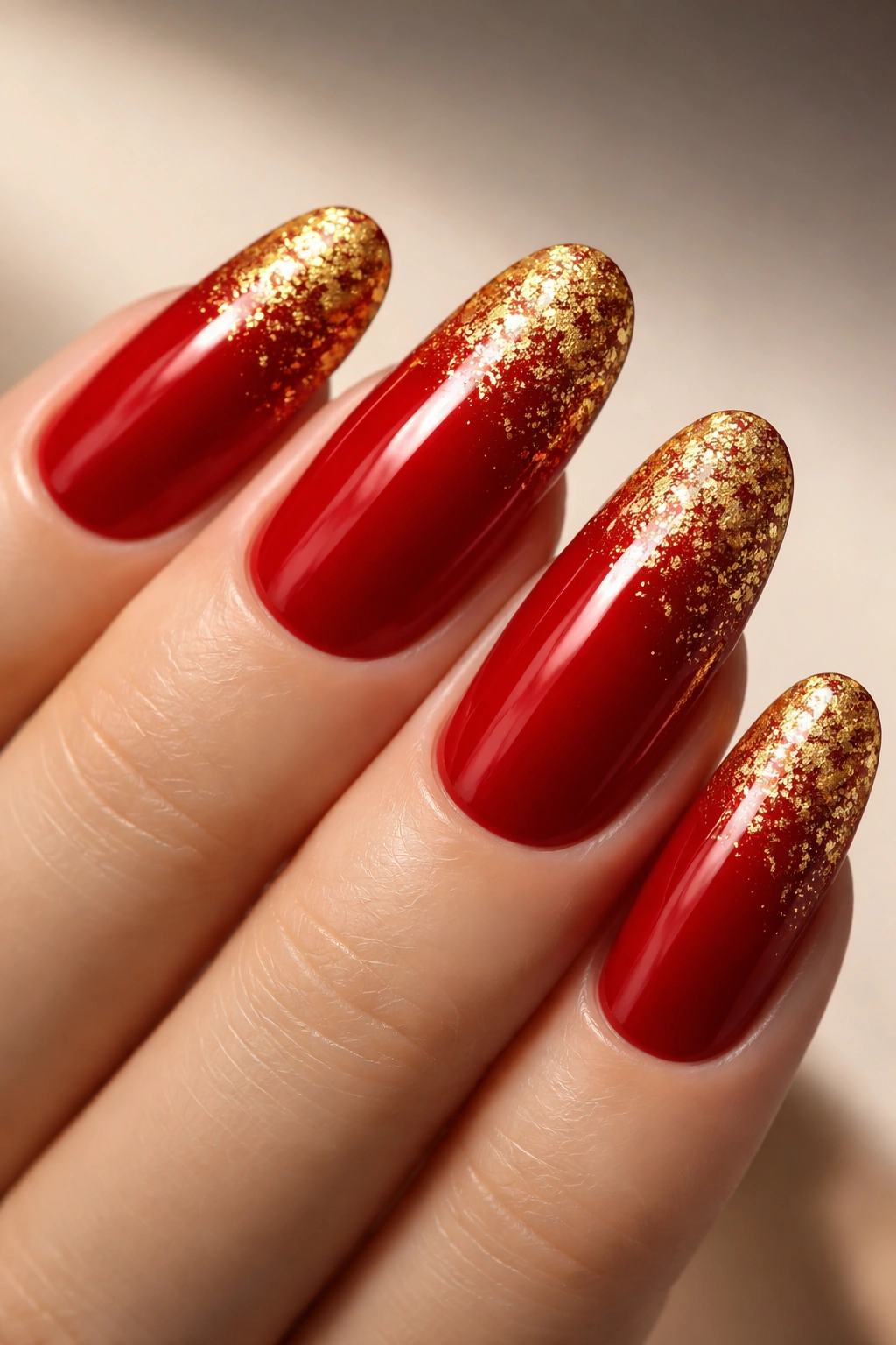 Close-up of long rounded nails with true red base and gold leaf gradient at tips on a neutral backdrop.
