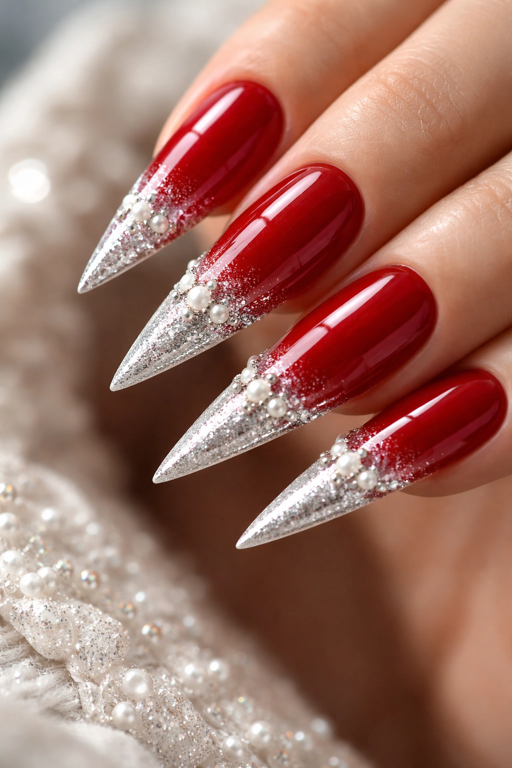 Close-up of red to silver gradient stiletto nail with pearl crown at base