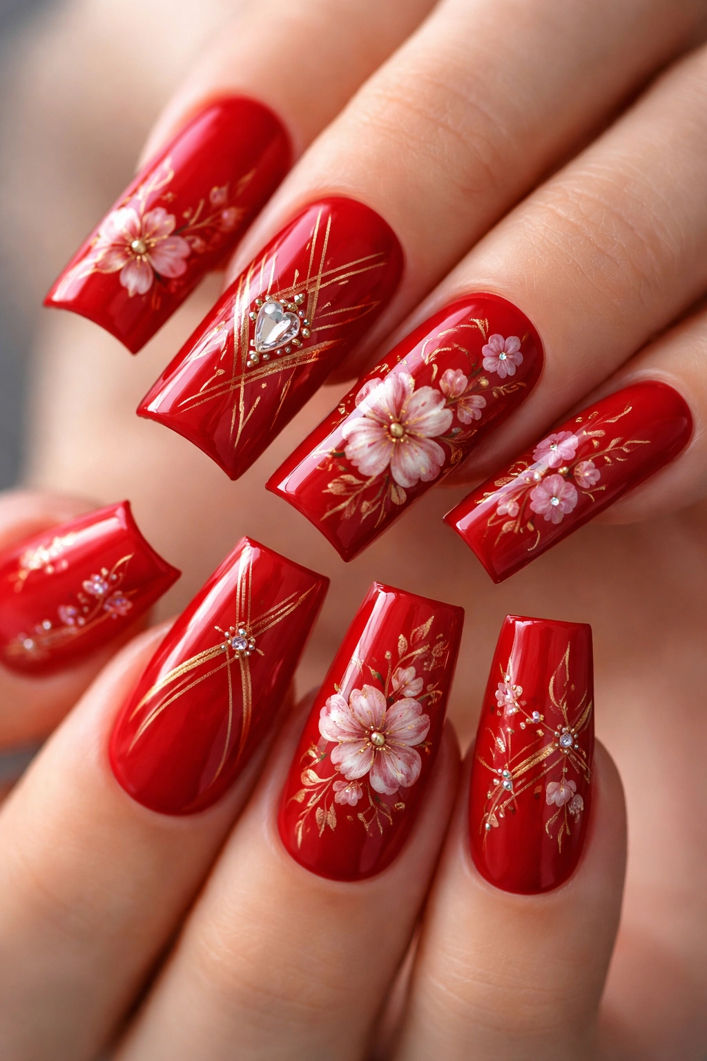 Close-up of red duck nails with hand-painted designs