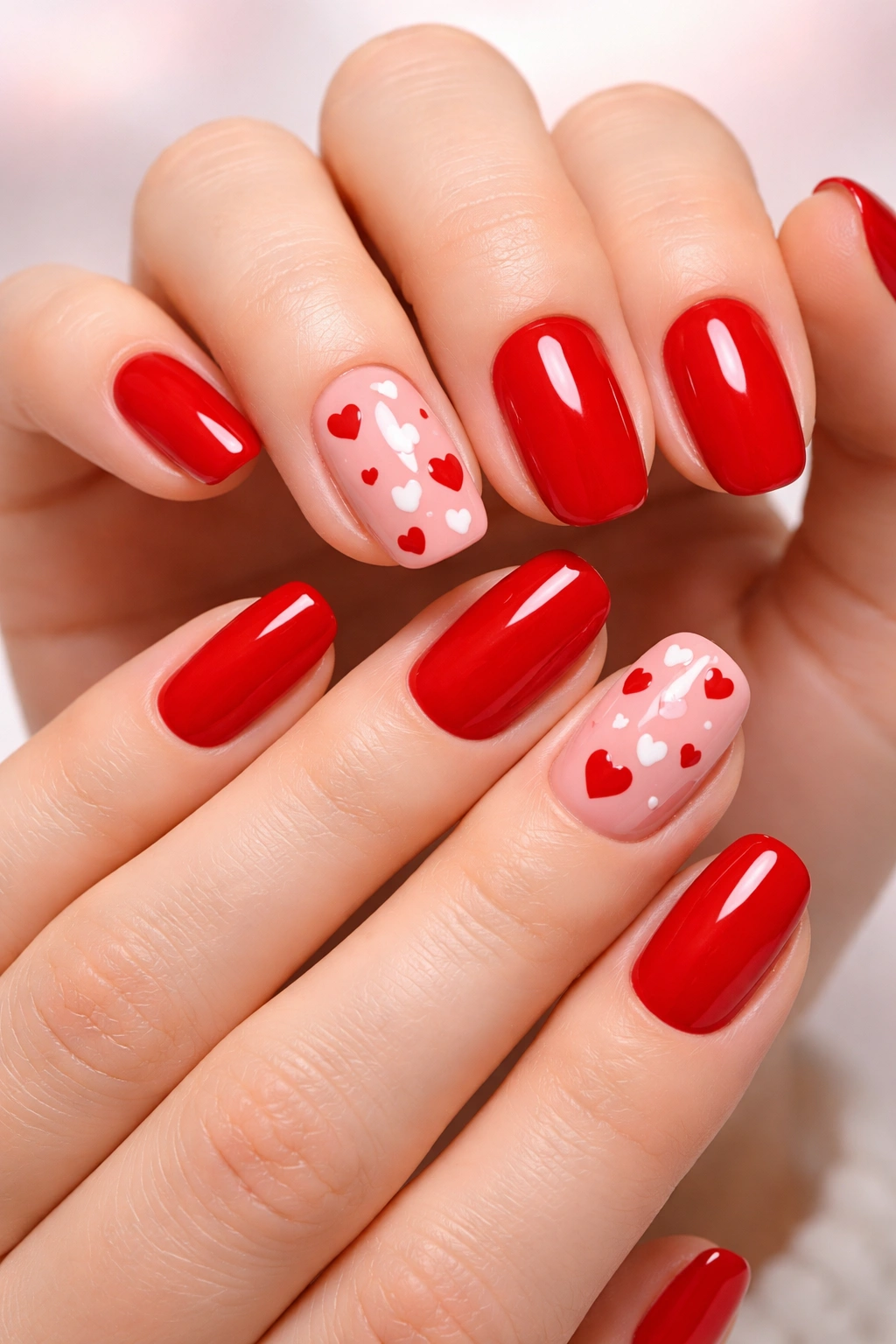 Red nails with small heart accents on coordinated hands