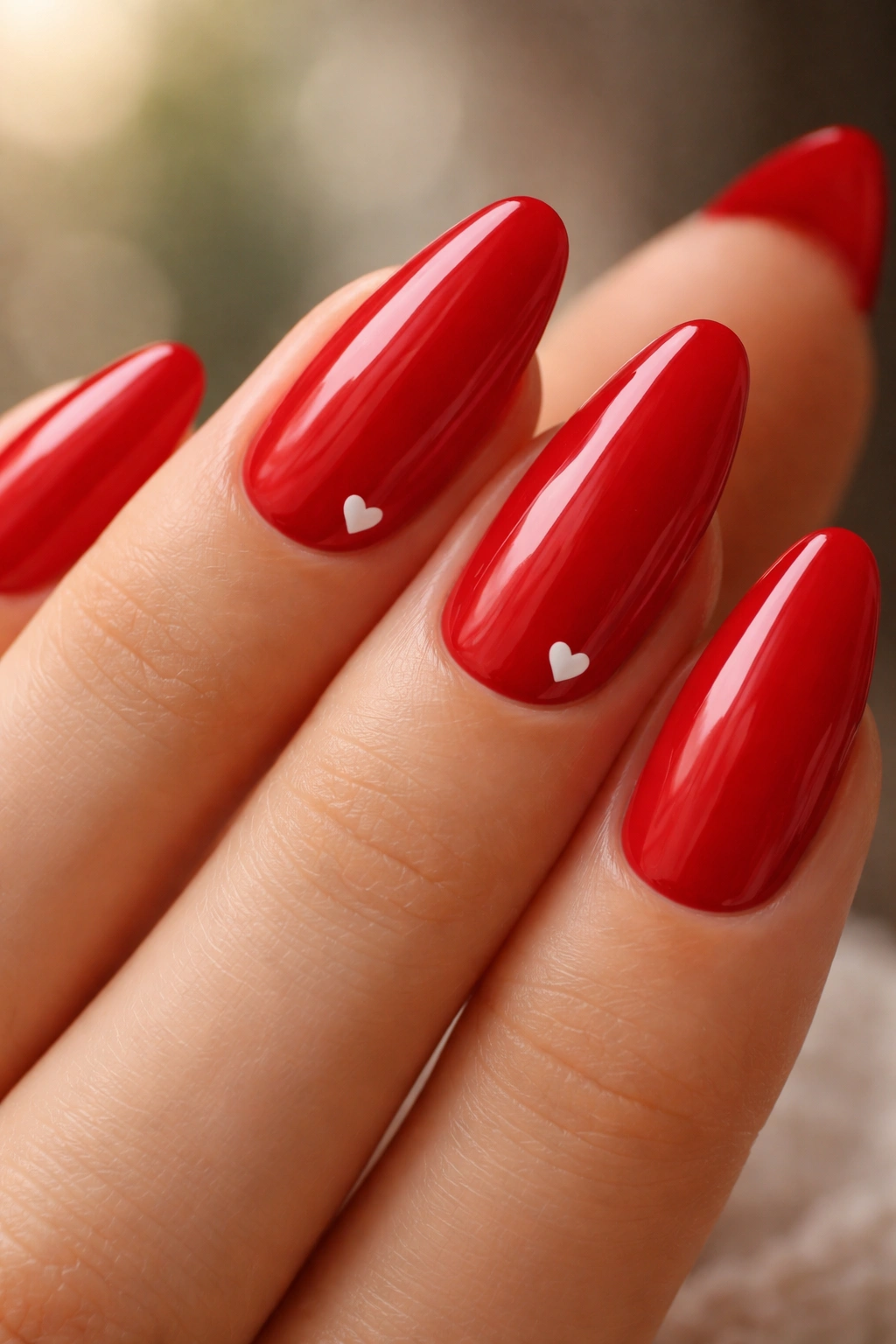 Red almond nails with tiny white hearts on accent nails