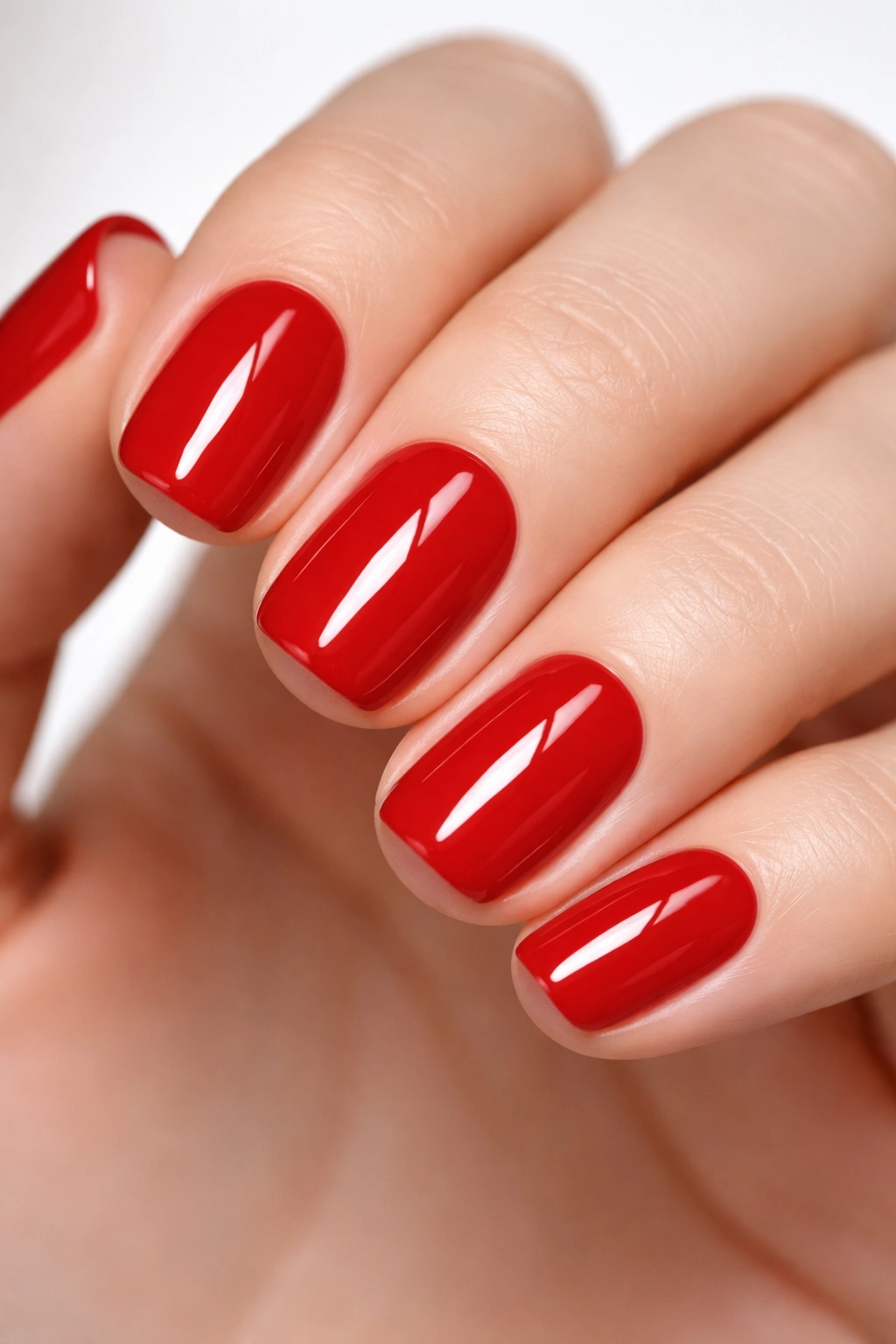 Short squoval nails in classic red with high shine