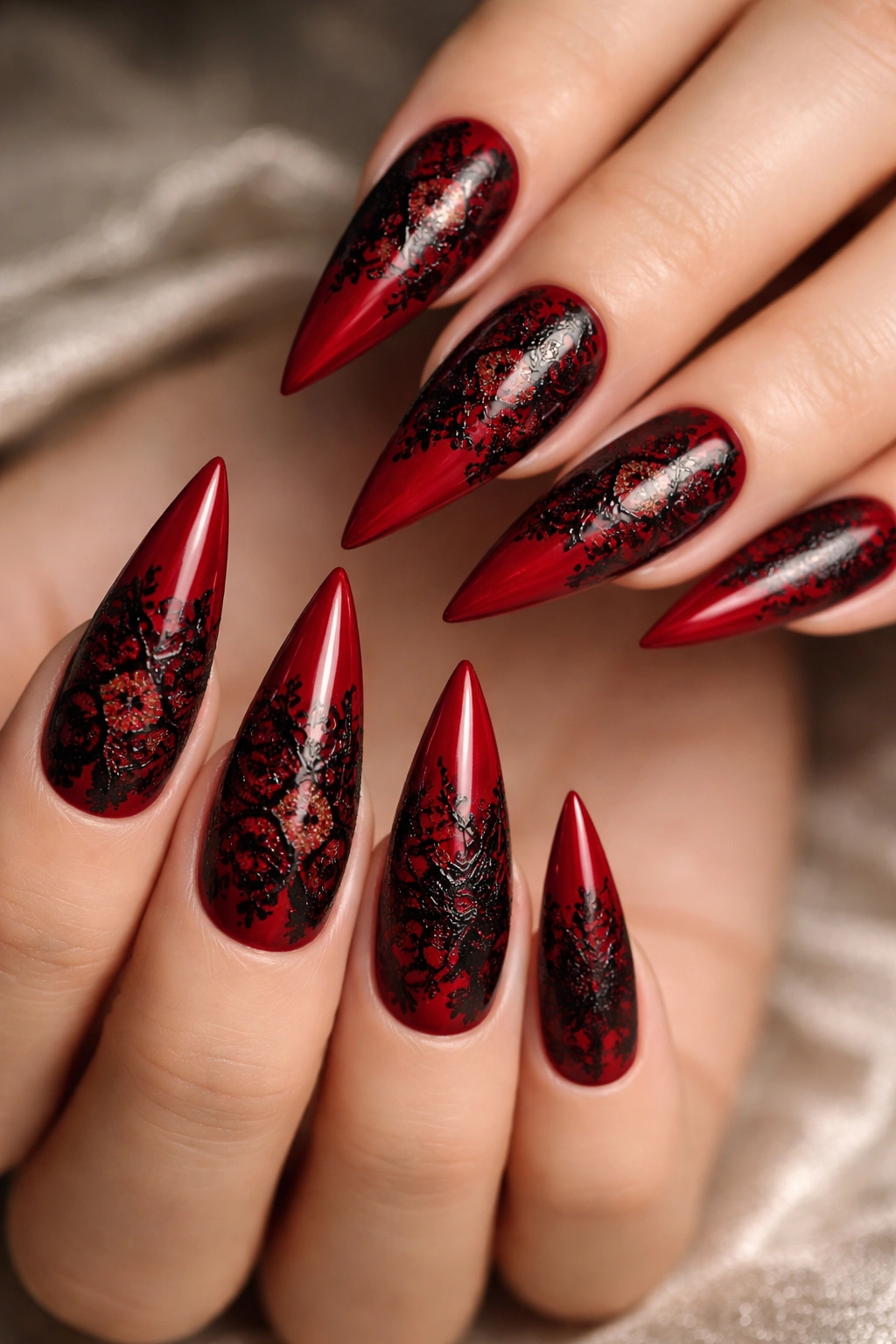 Red stilettos nails with black lace detail on a hand