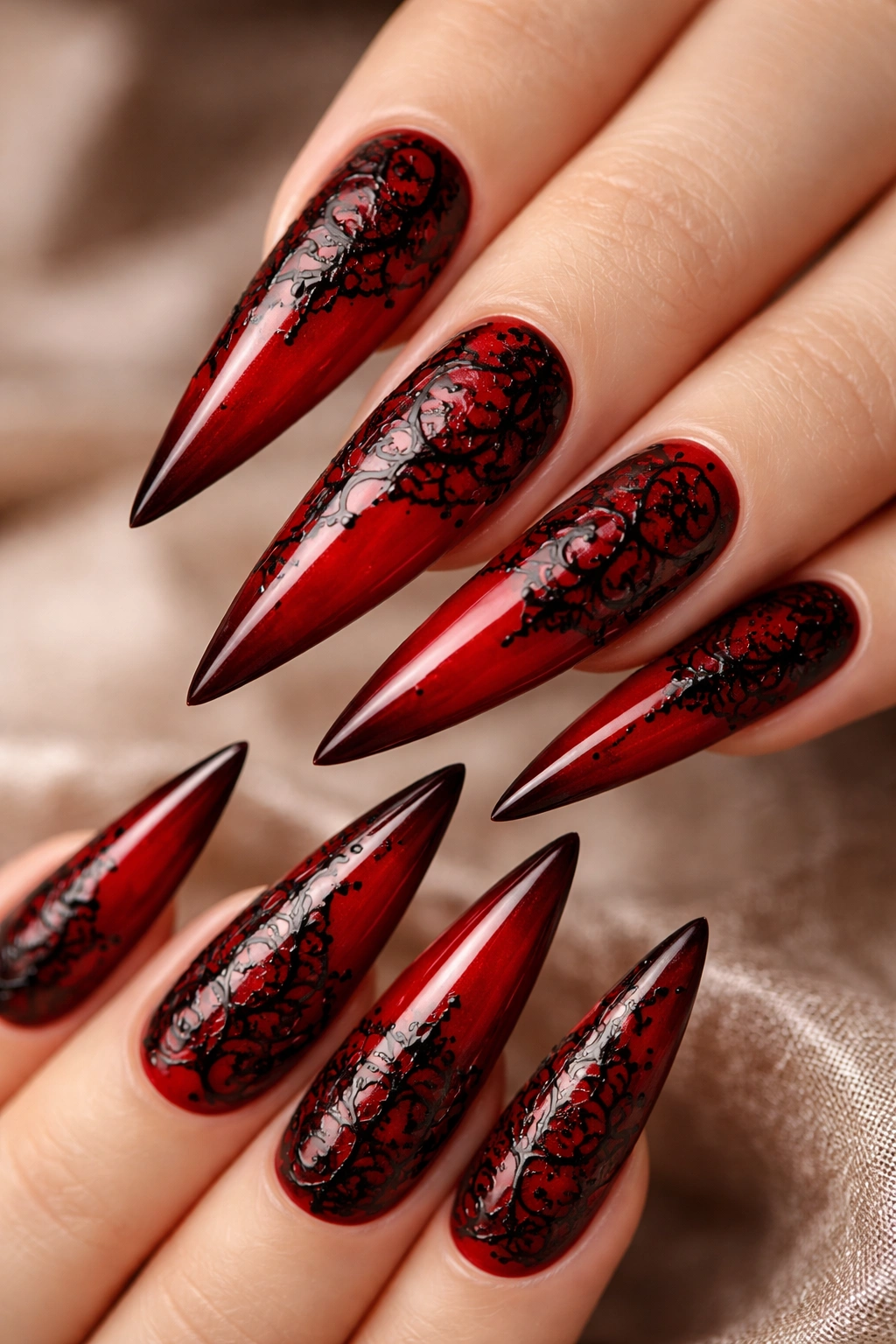 Close-up of red stiletto nails with black lace filigree on a neutral background