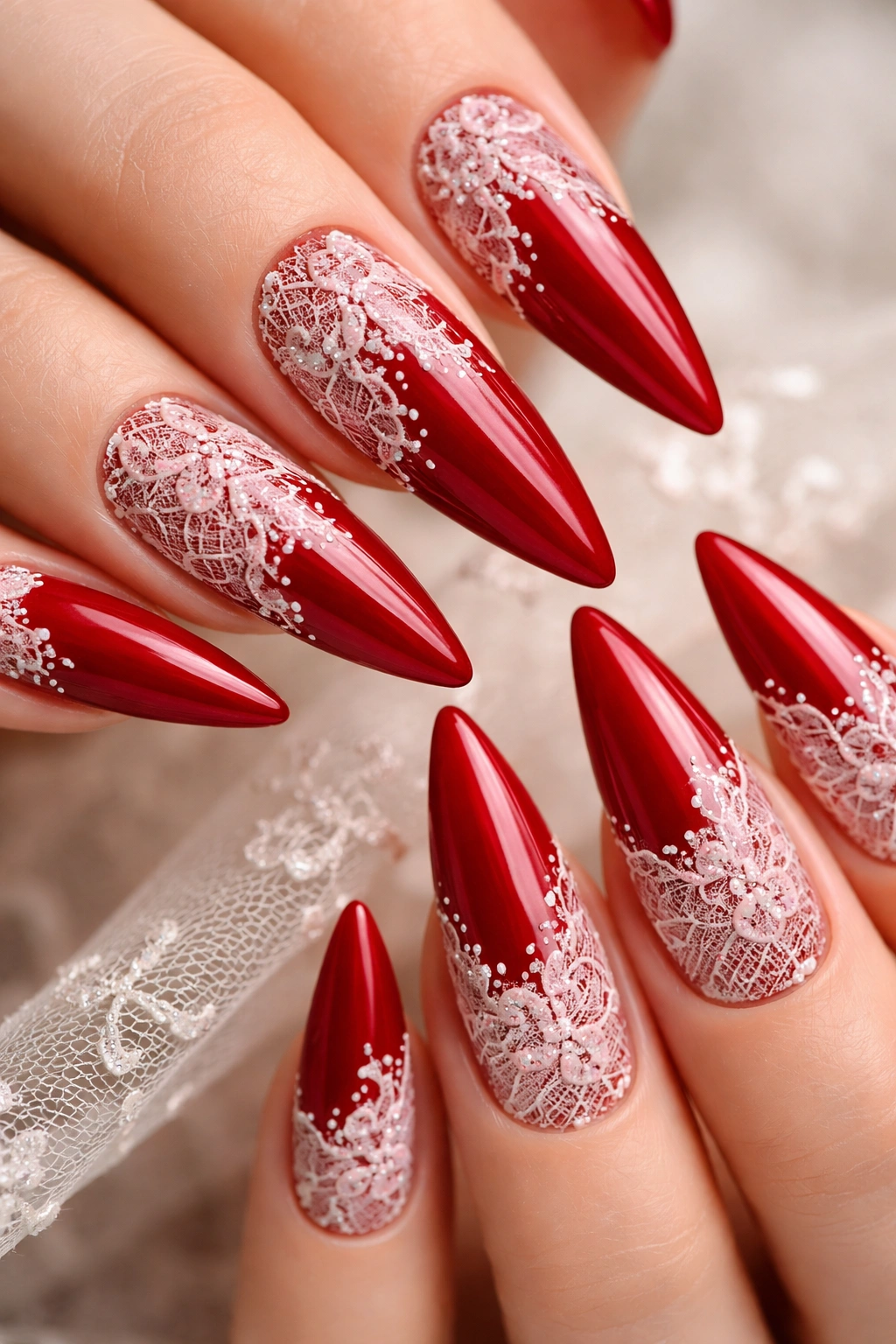 Red stiletto nails with delicate white lace overlay