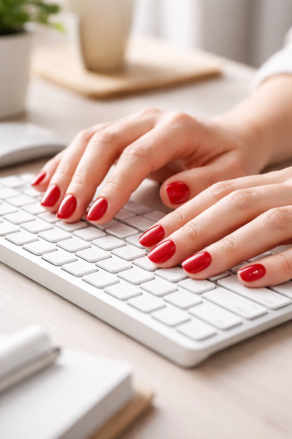 Hands with short rounded red nails typing on a keyboard, showcasing practicality