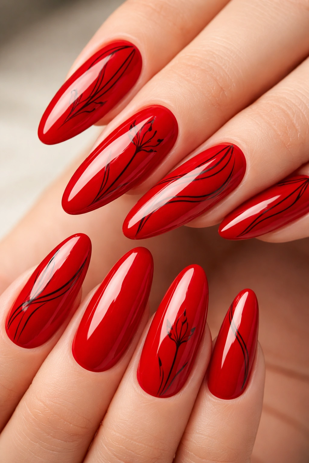 Red nails with fine black line art geometric patterns on long oval nails